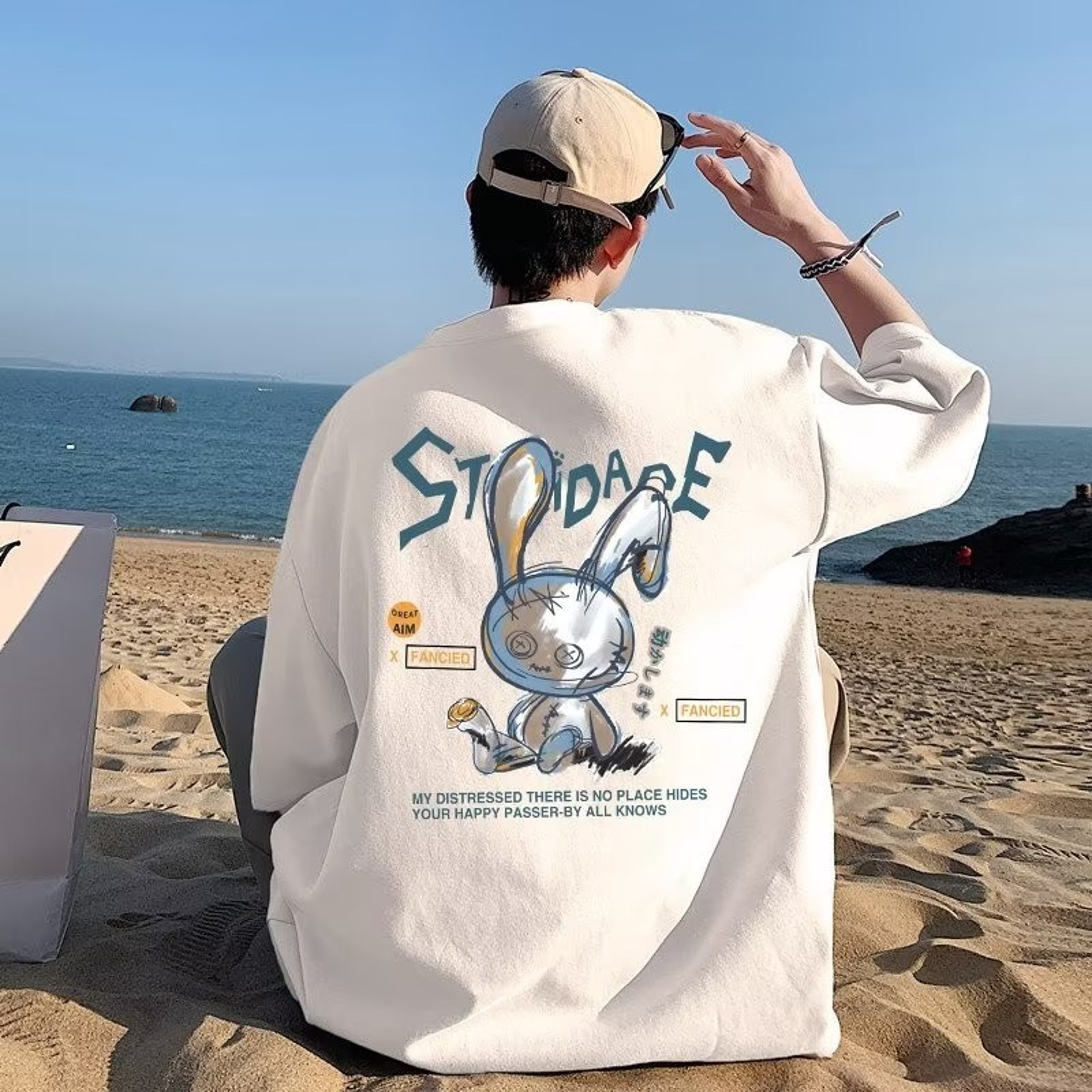 Oversized Graphic Tee Korean Fashion T Shirt Couple Matching Outfit Rabbit Print Loose Fit Streetwe 3
