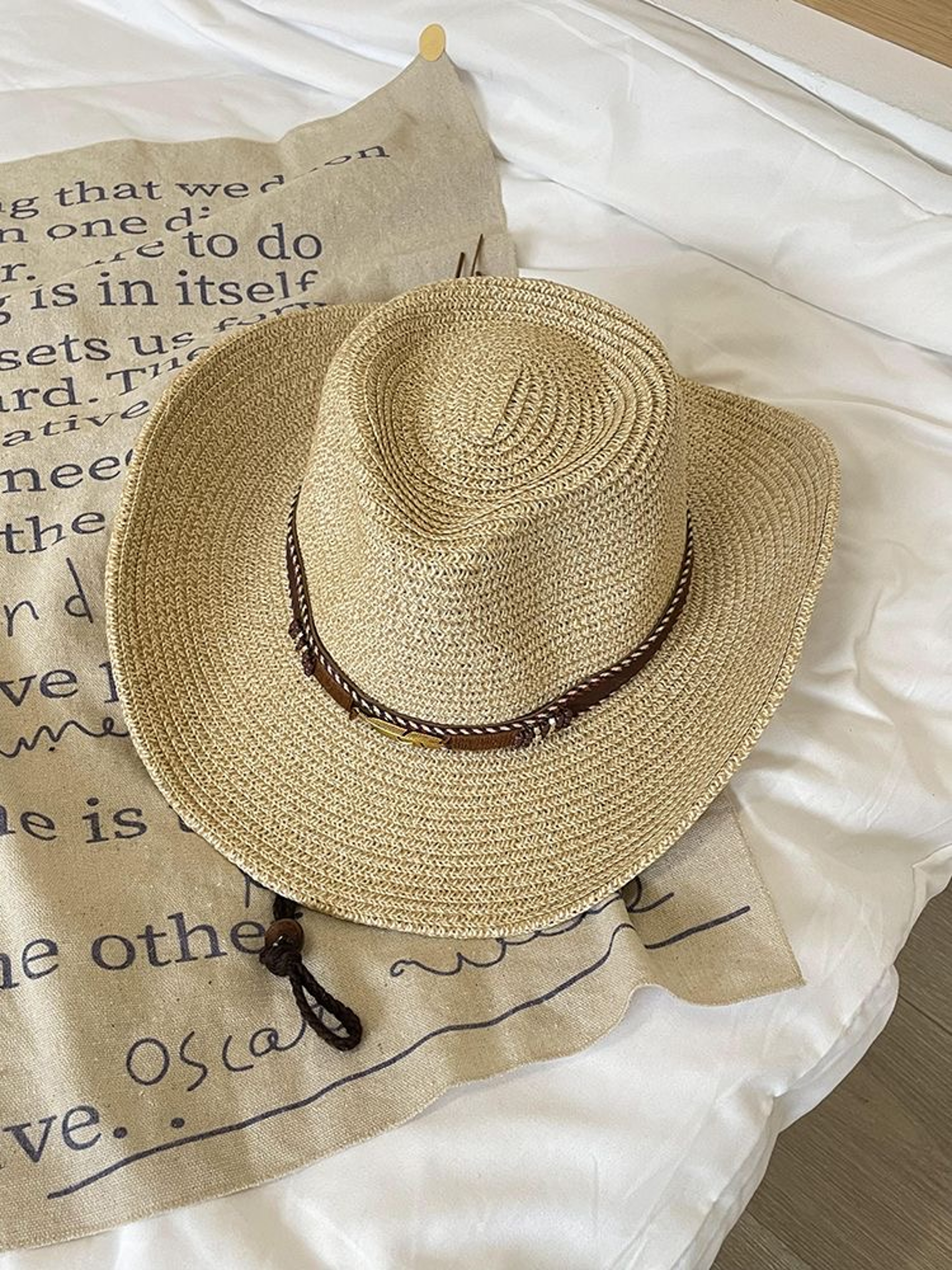 Wide Brim Cowboy Straw Hat With Adjustable Strap For Beach Hiking And Outdoor Sun Protection 8
