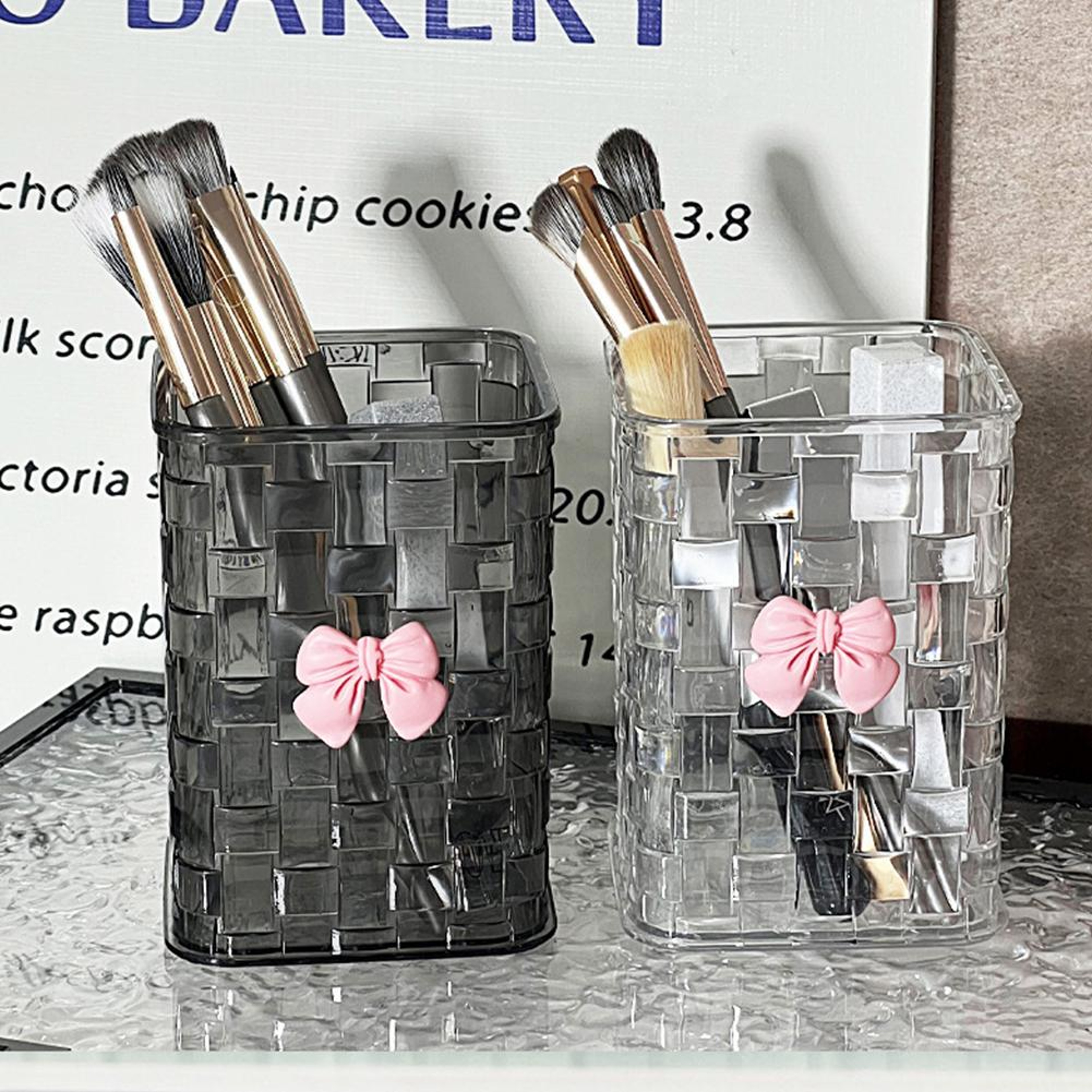 Clear Makeup Brush Organizer with Bow Textured Vanity Storage Holder – view 1