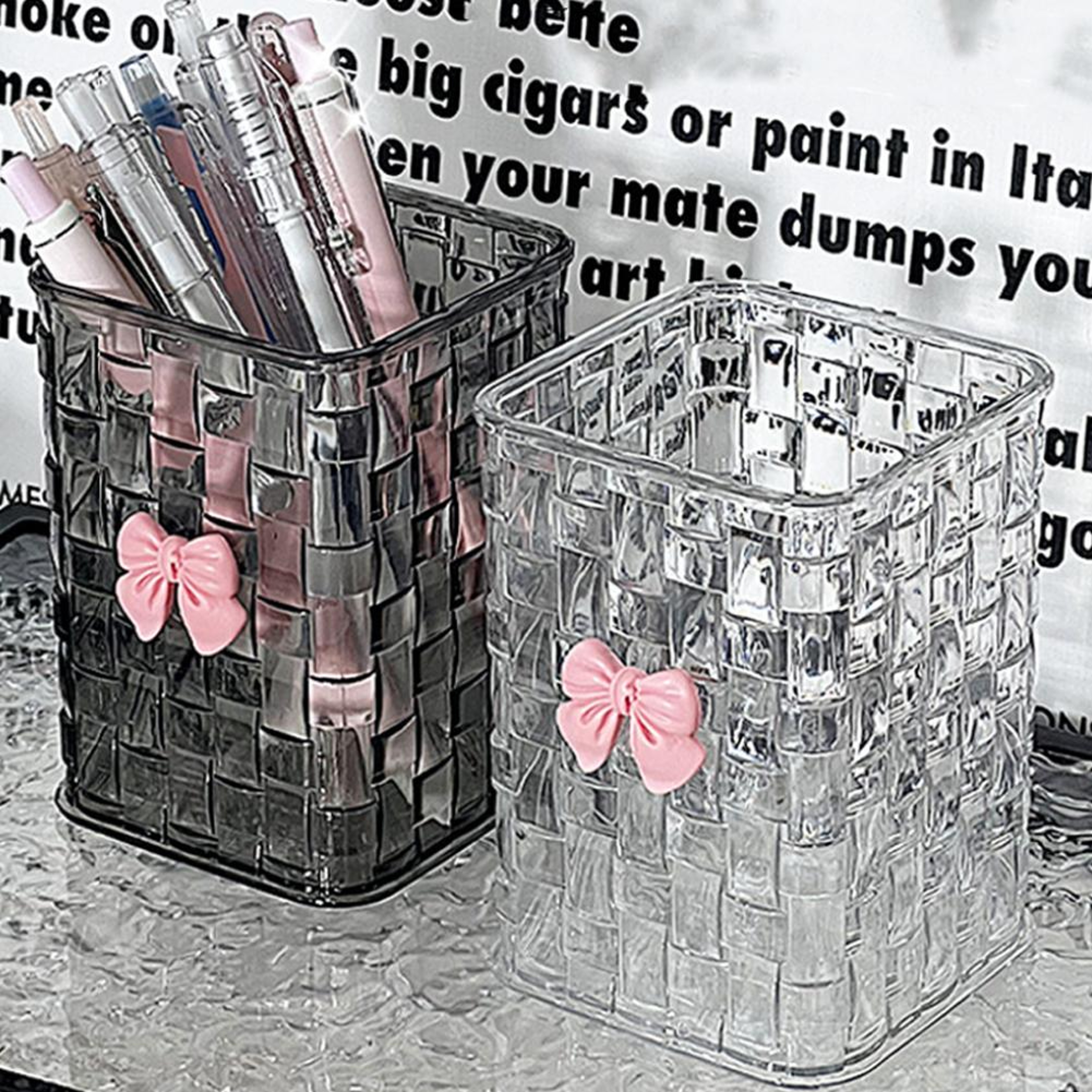 Clear Makeup Brush Organizer with Bow Textured Vanity Storage Holder – view 2