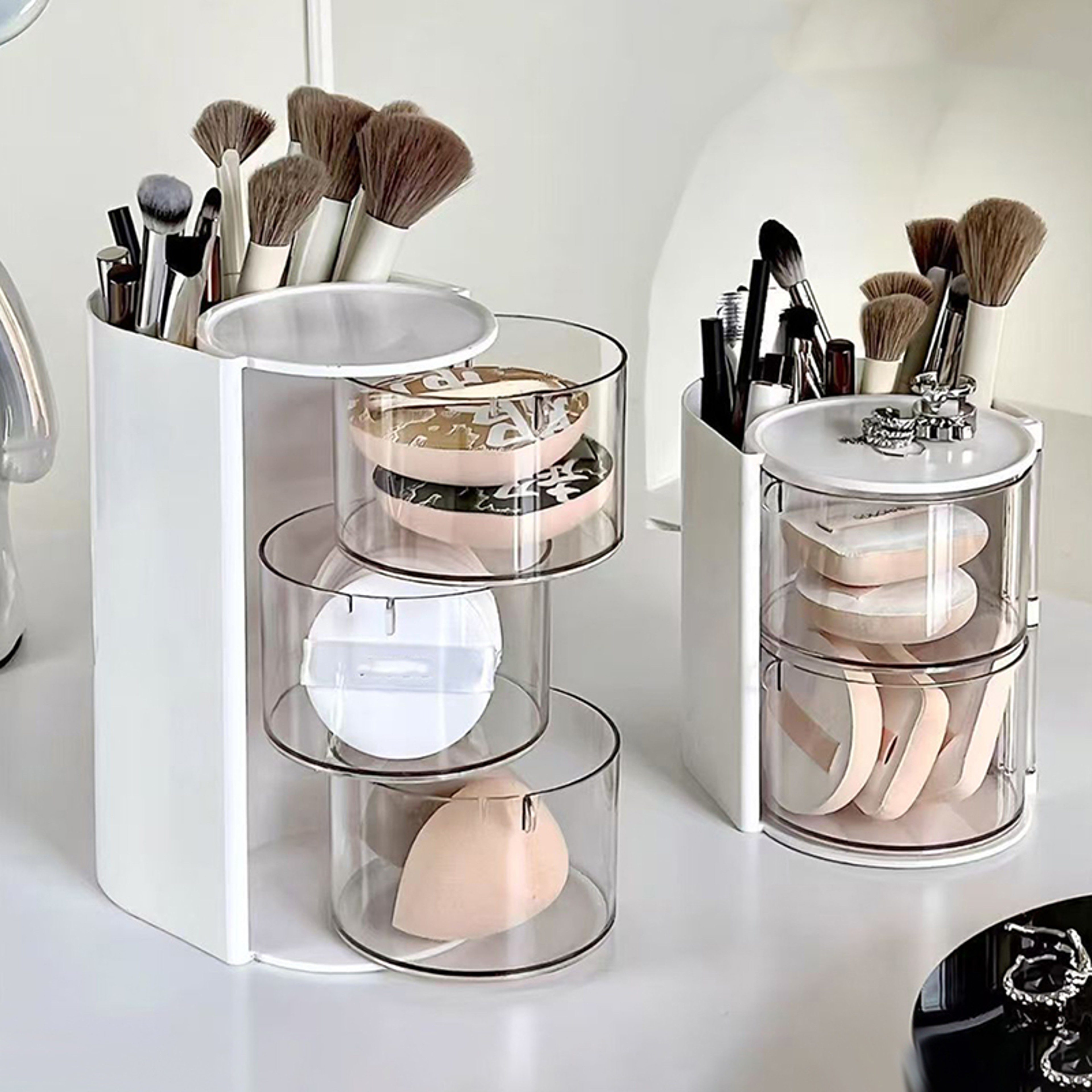 Rotating Makeup Organizer With Beauty Blender And Cosmetic Storage Compartments 2