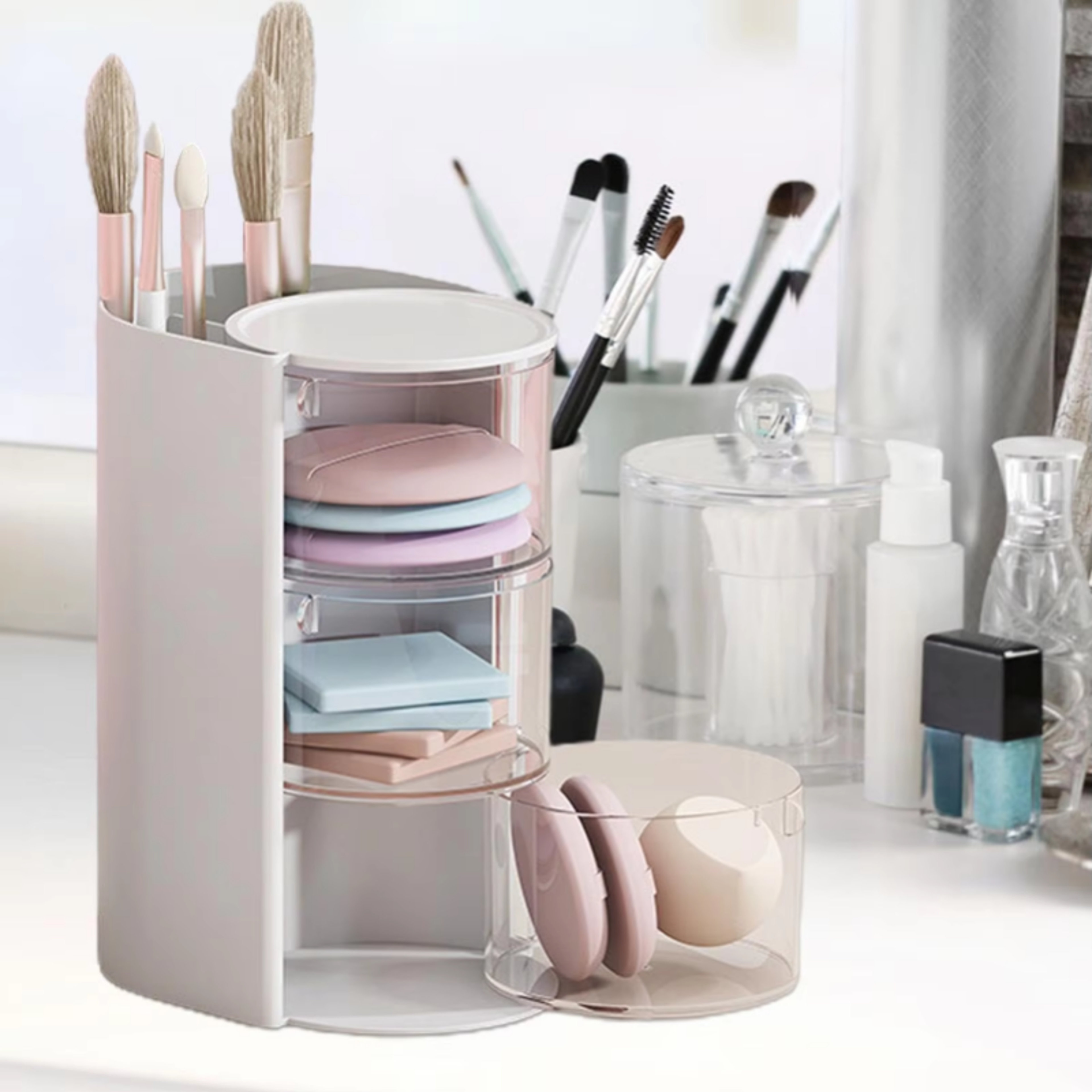 Rotating Makeup Organizer With Beauty Blender And Cosmetic Storage Compartments 3