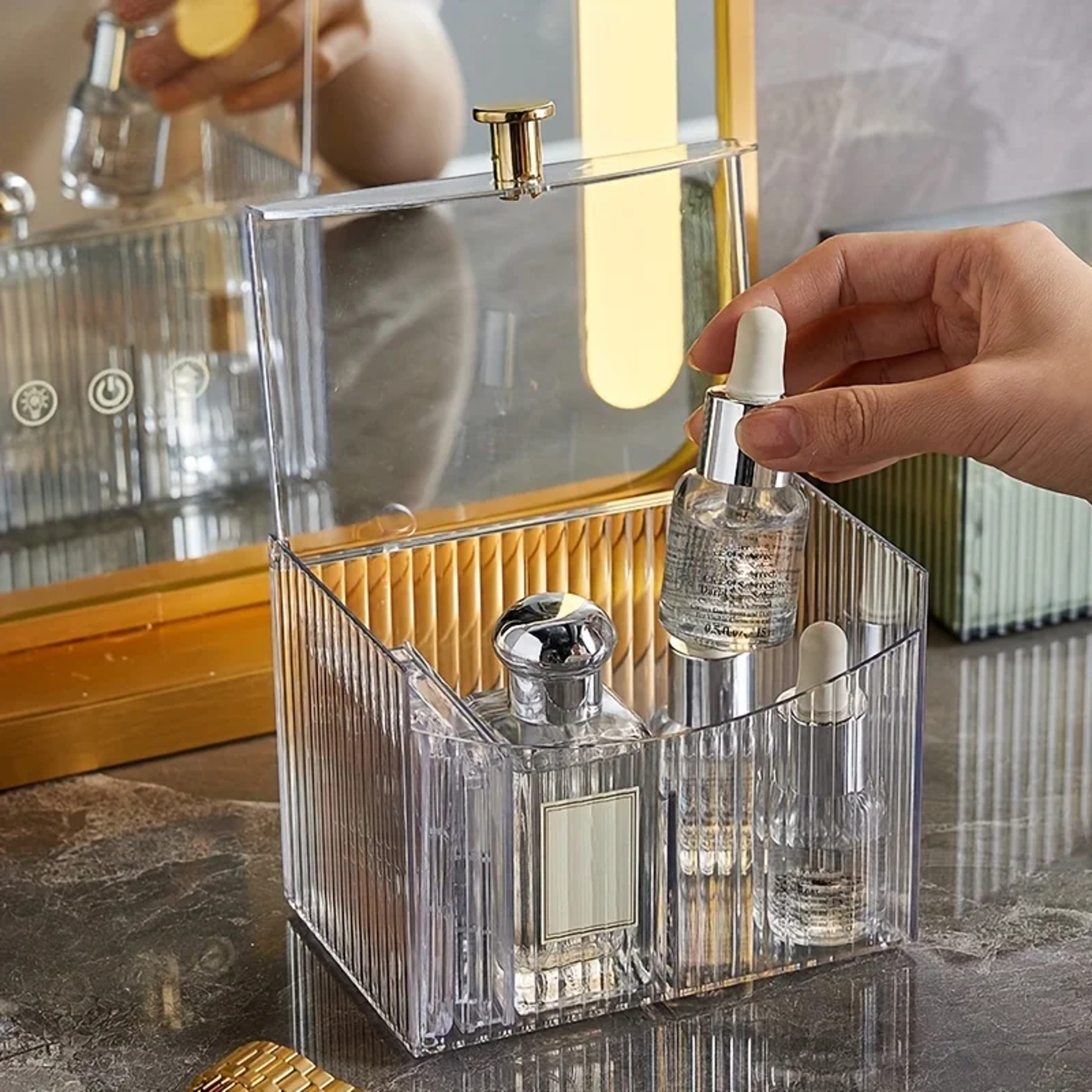 Dust Proof Makeup Organizer with Clear Flip Lid and Divided Cosmetic Storage Compartments – view 6
