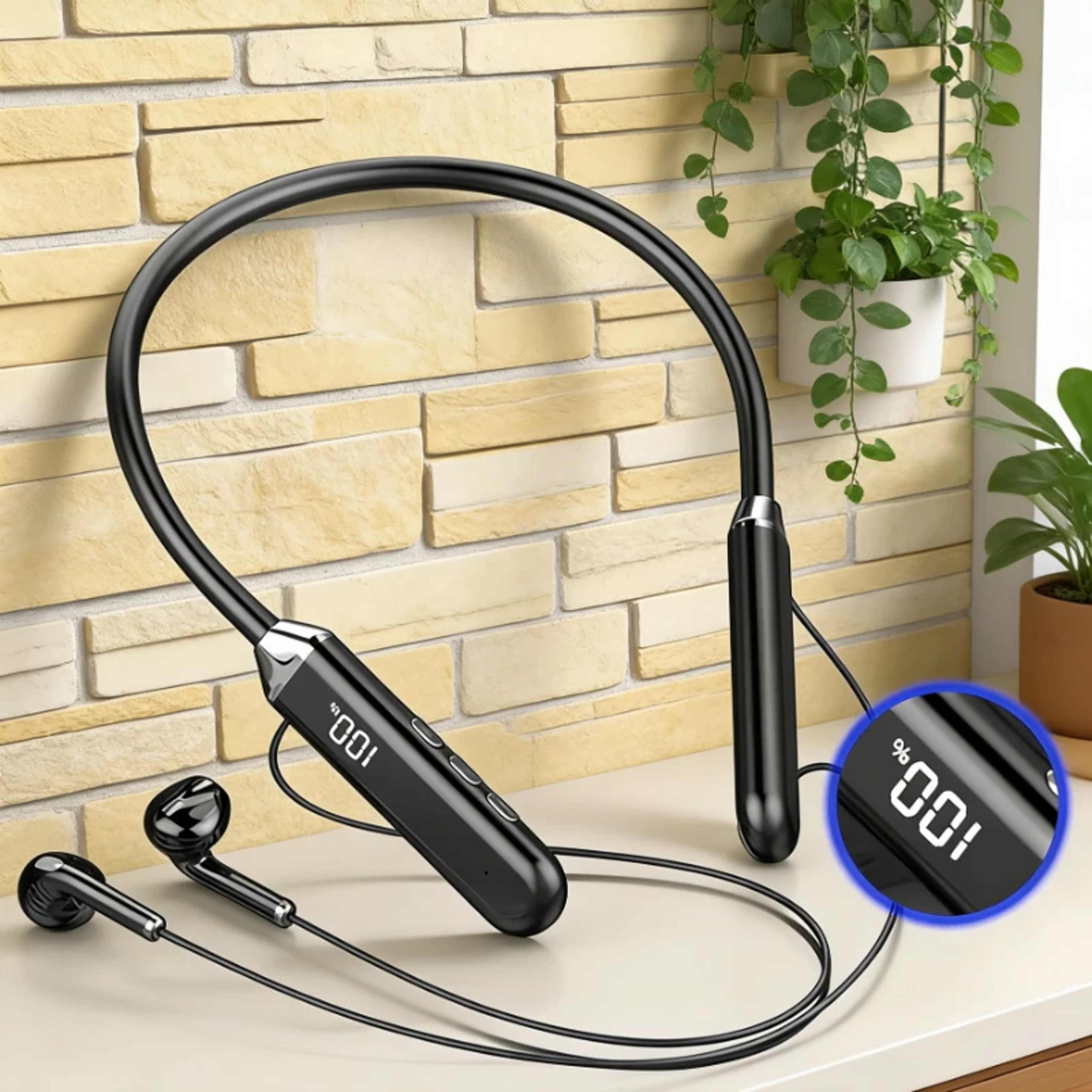 Bluetooth Wireless Neckband Earphones With LED Power Display And Mic 1