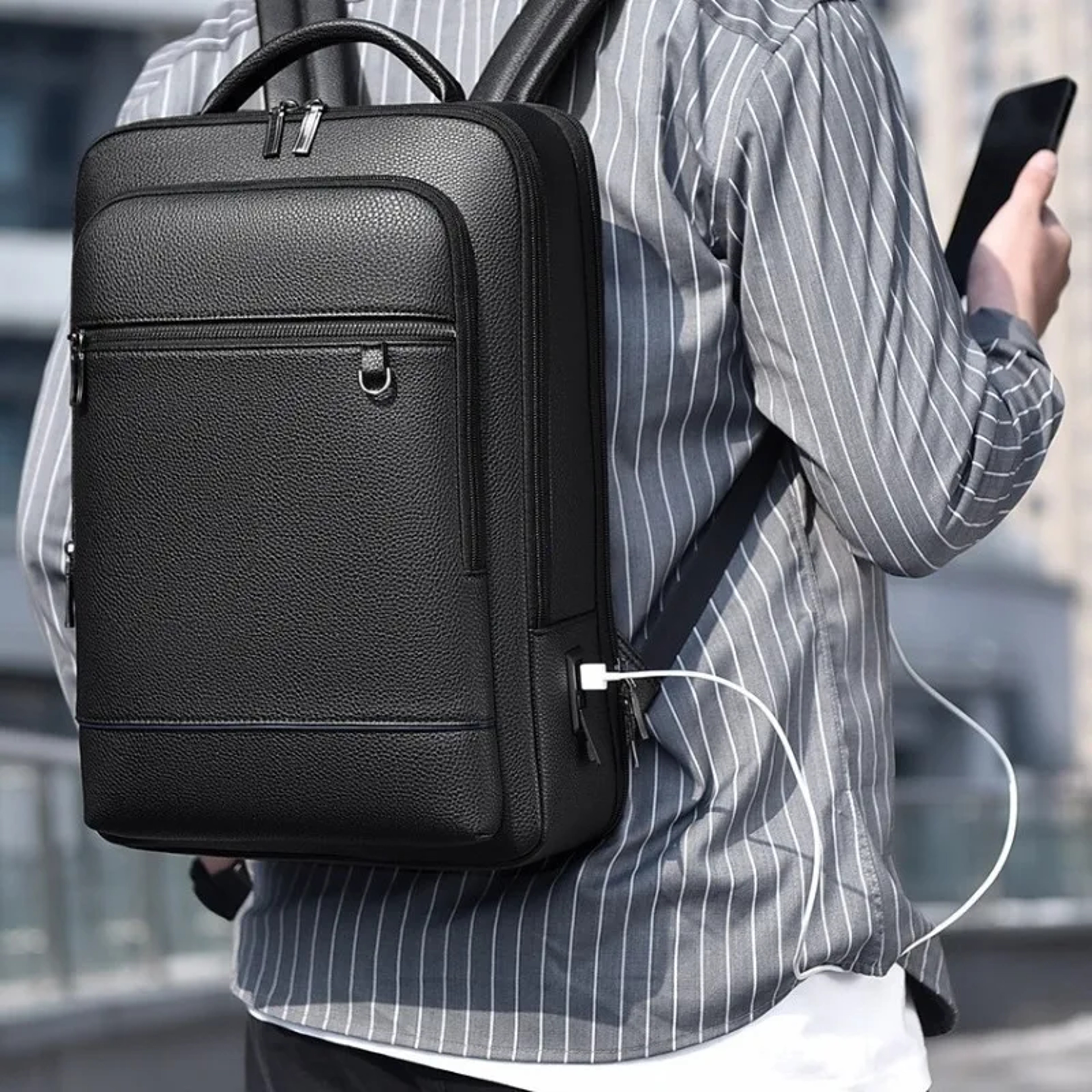 Executive Men's Leather Laptop Backpack with USB Charging for Business Travel – view 1