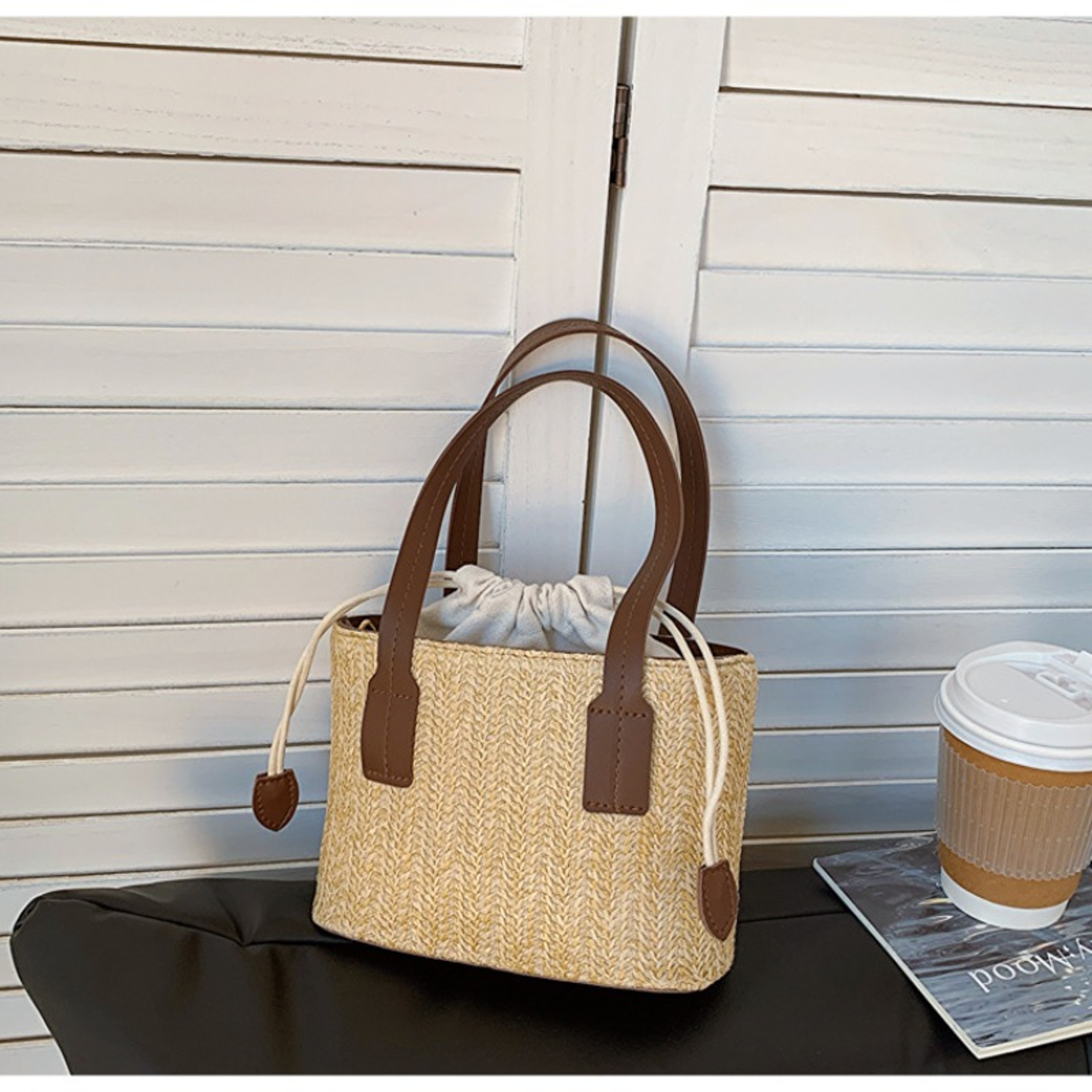 Natural Straw Woven Tote Bag With Drawstring And Detachable Crossbody Strap 4