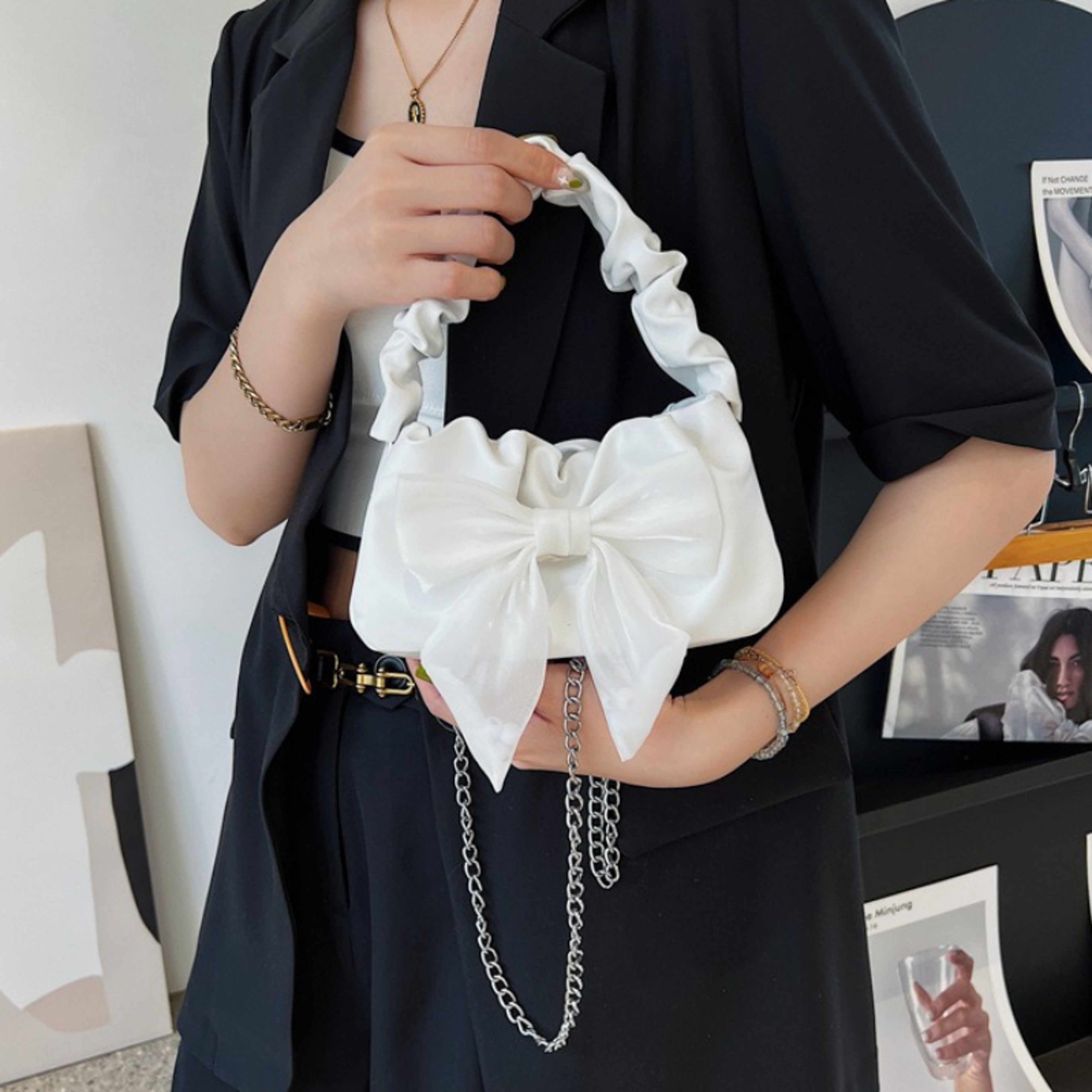 Chic Bow Mini Handbag with Ruched Handle and Detachable Crossbody Chain – view 2
