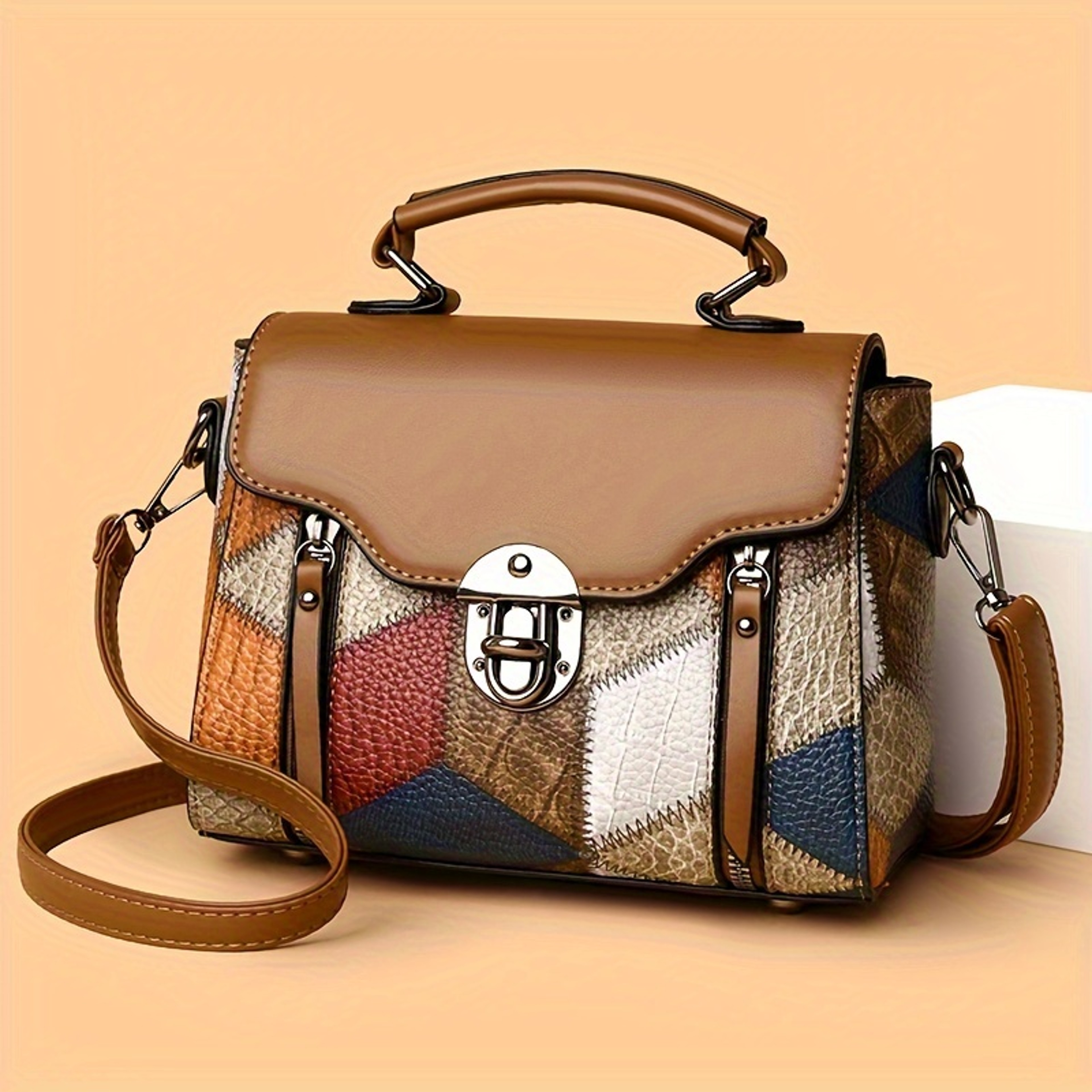 Vintage Patchwork Crossbody Bag For Women With Top Handle Lock Clasp And Adjustable Strap 1