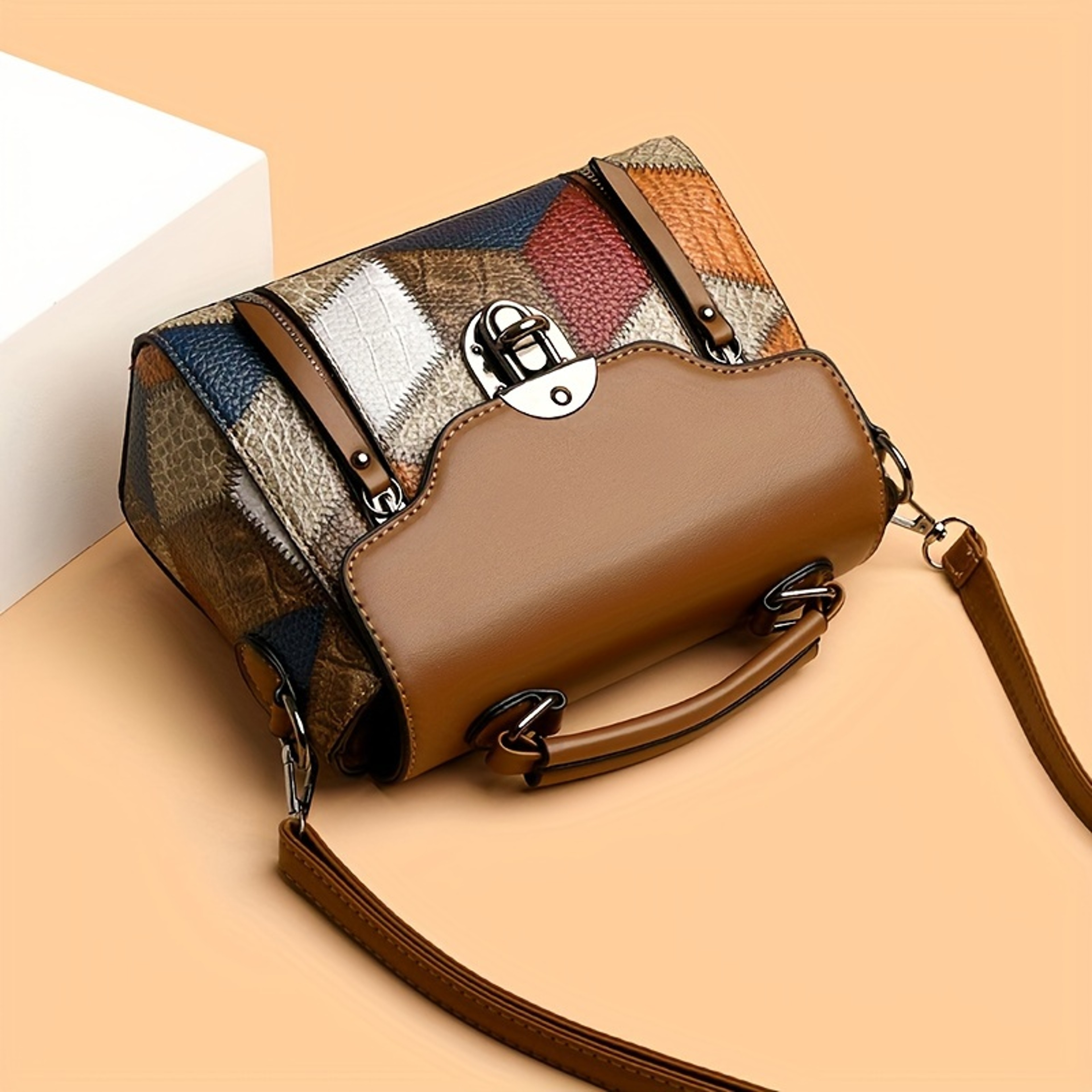 Vintage Patchwork Crossbody Bag For Women With Top Handle Lock Clasp And Adjustable Strap 2