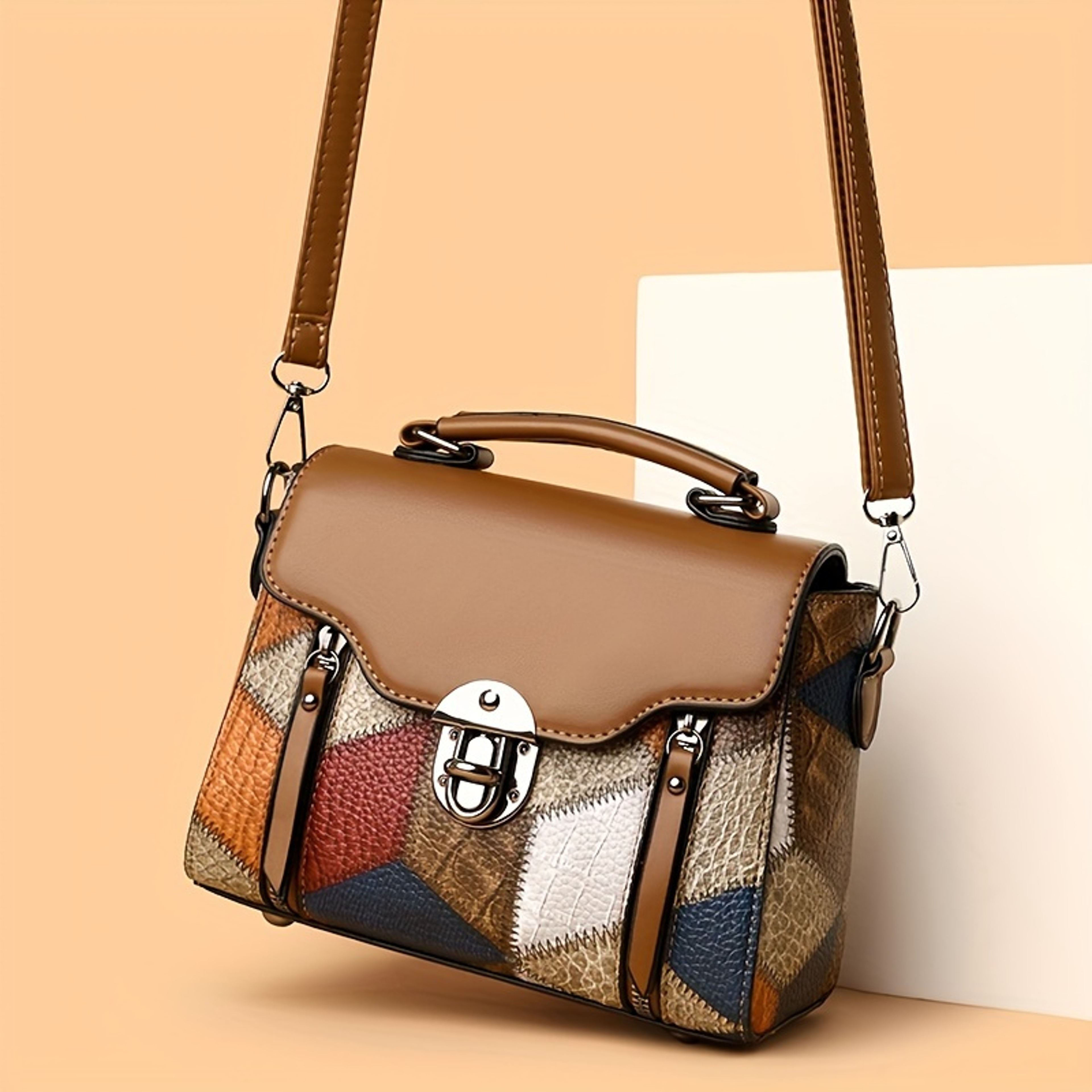 Vintage Patchwork Crossbody Bag For Women With Top Handle Lock Clasp And Adjustable Strap 3