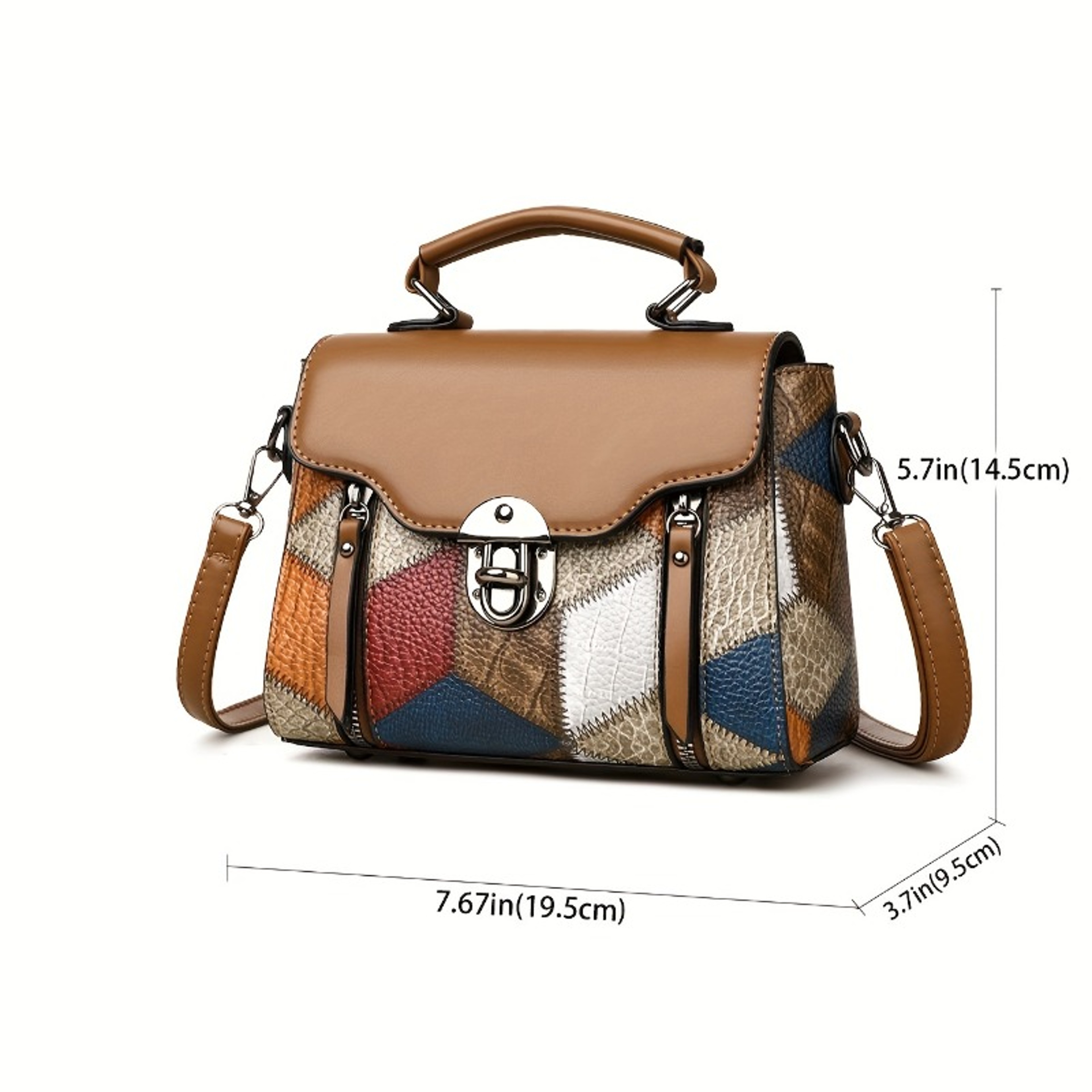 Vintage Patchwork Crossbody Bag For Women With Top Handle Lock Clasp And Adjustable Strap 4