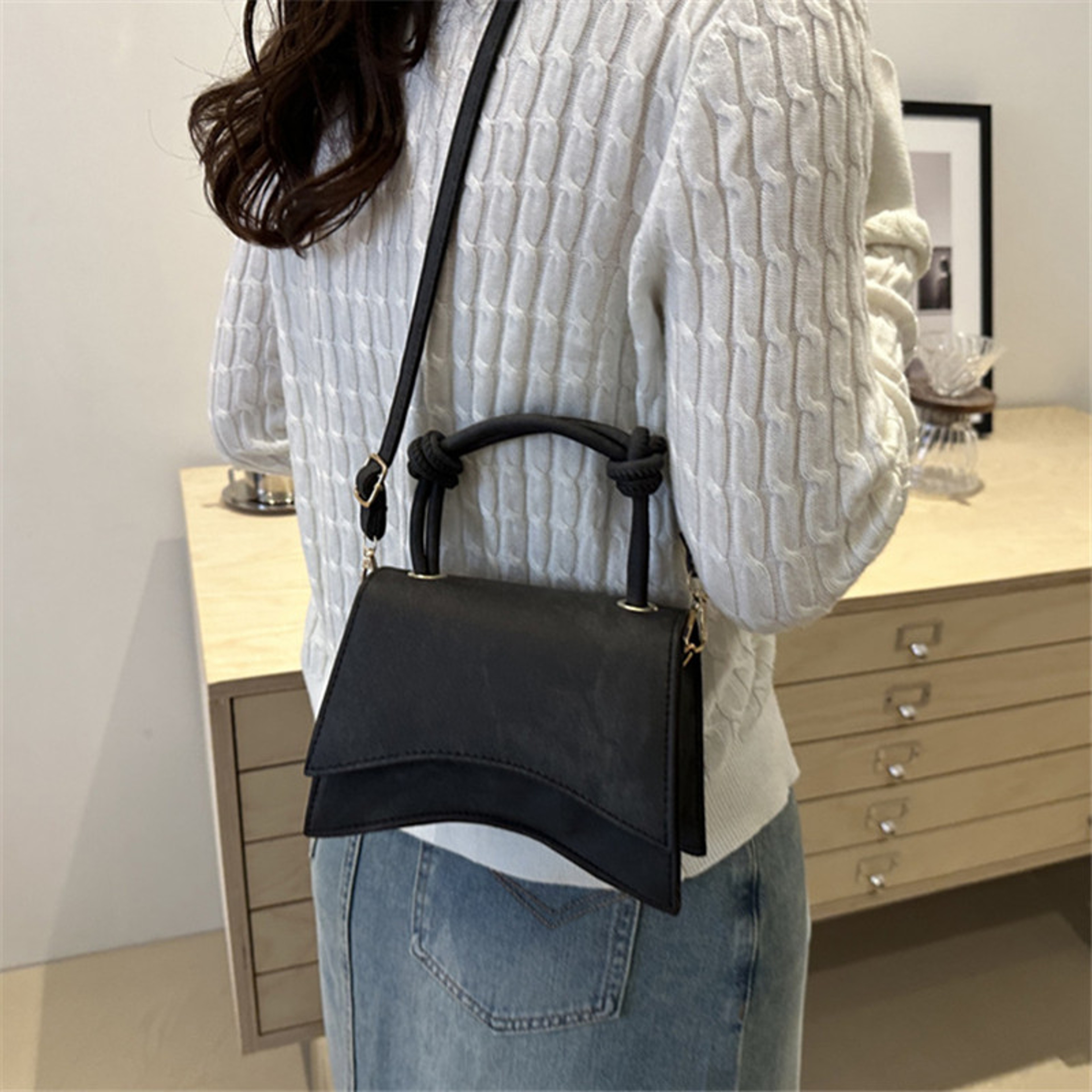 Chic Knot Handle Mini Crossbody Bag Suede Style Small Tote For Women 0