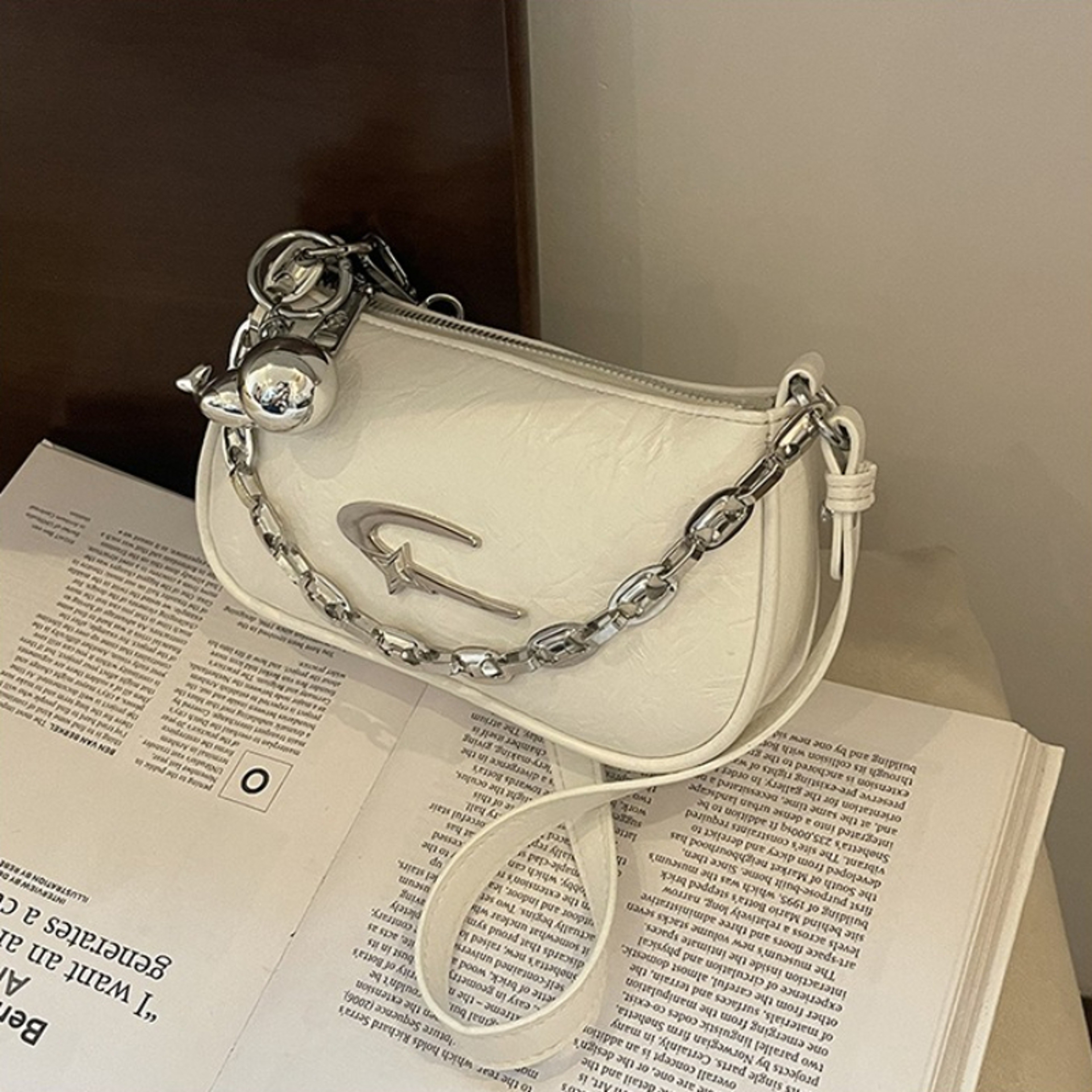 Chic Textured Womens Shoulder Bag With Silver Chain And Detachable Charm 4