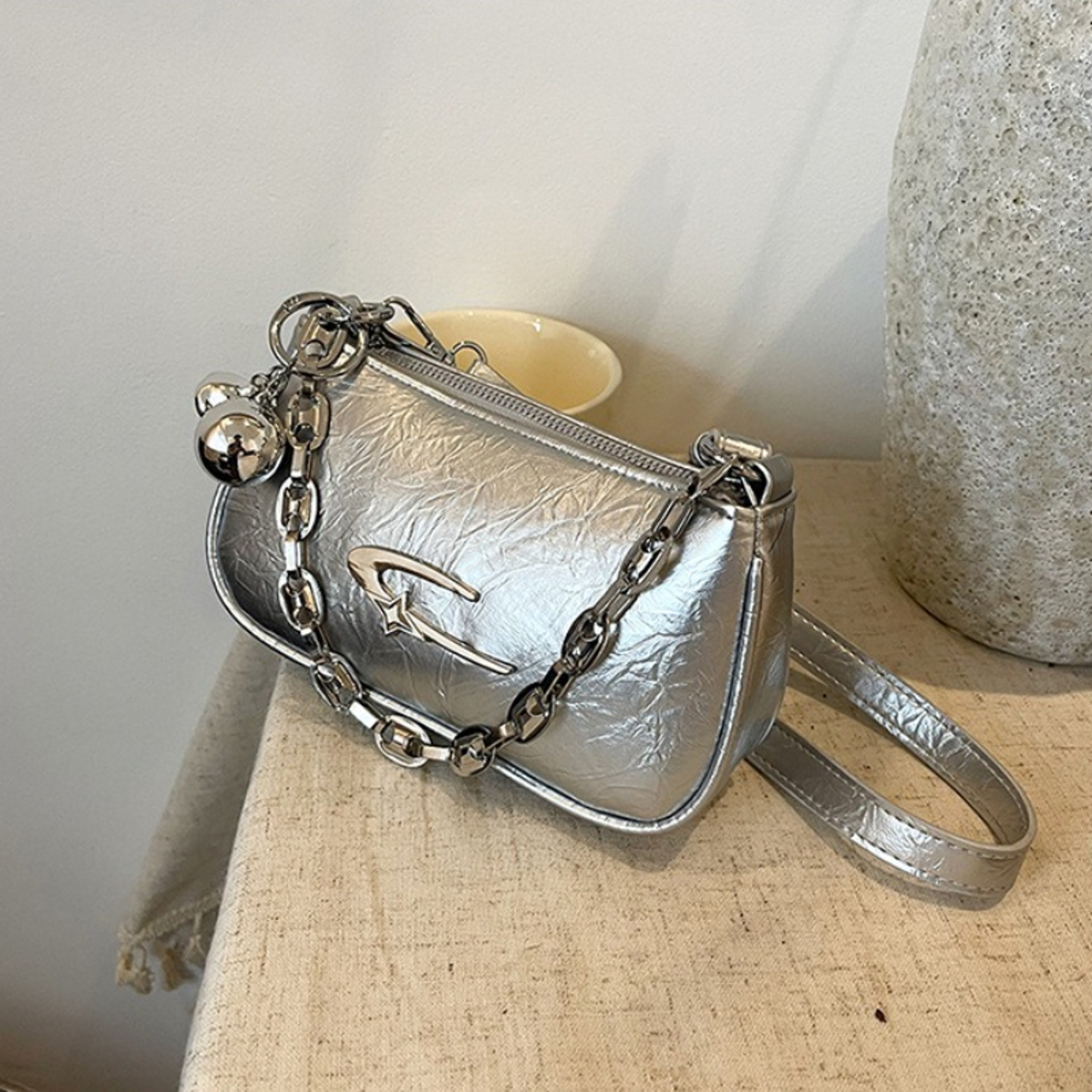 Chic Textured Womens Shoulder Bag With Silver Chain And Detachable Charm 5