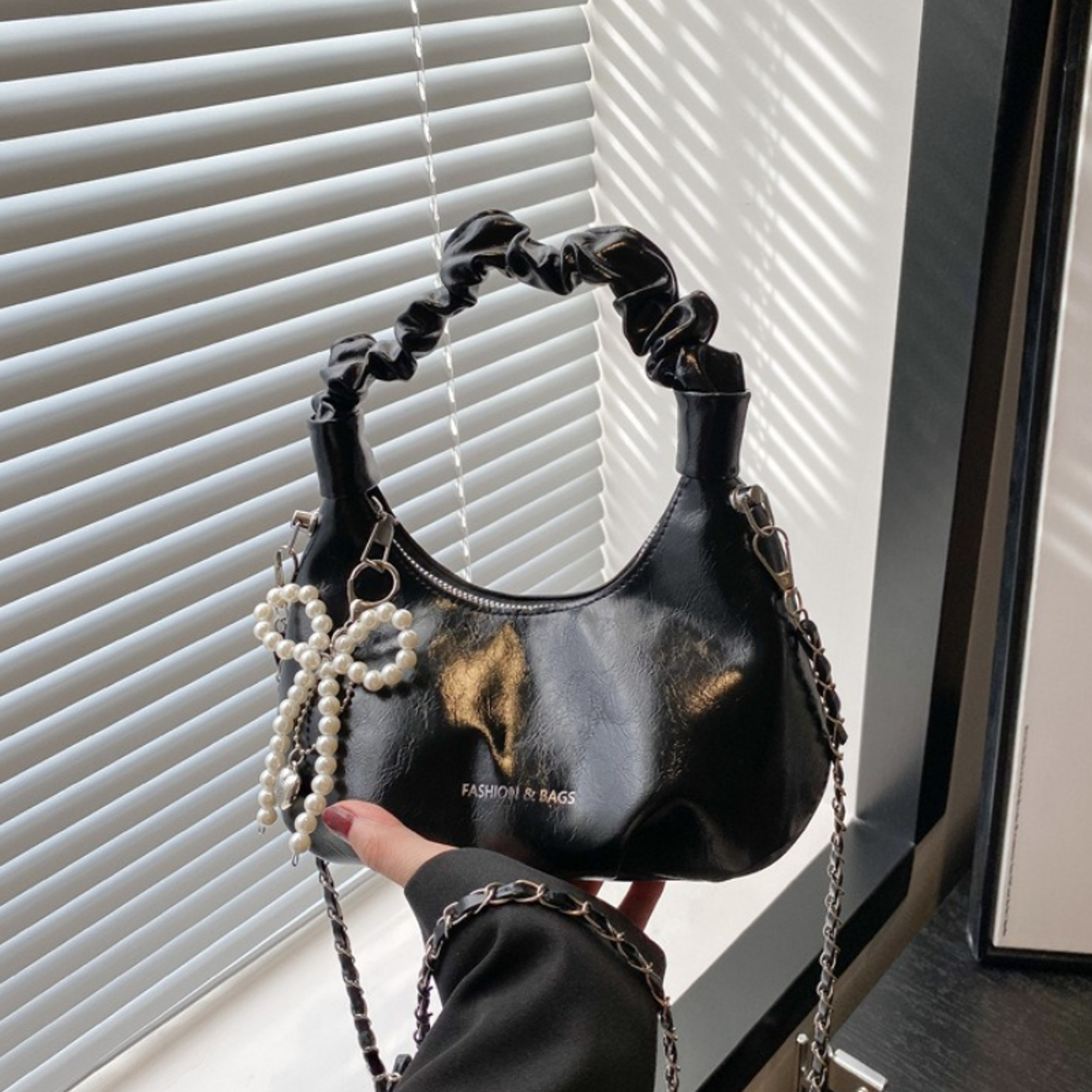 Shiny Crescent Ruched Shoulder Bag With Pearl Bow Charm 8