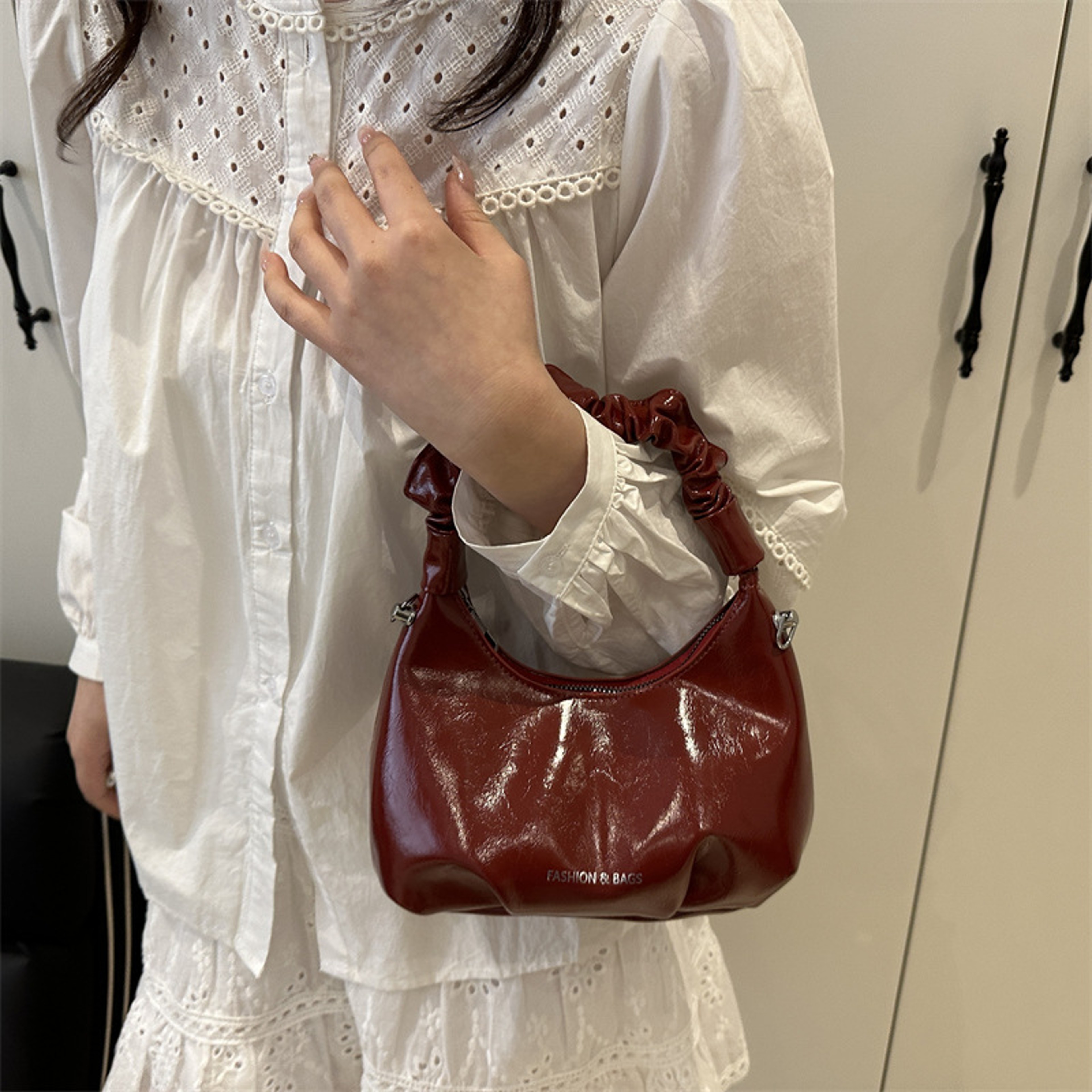 Shiny Crescent Ruched Shoulder Bag With Pearl Bow Charm 10