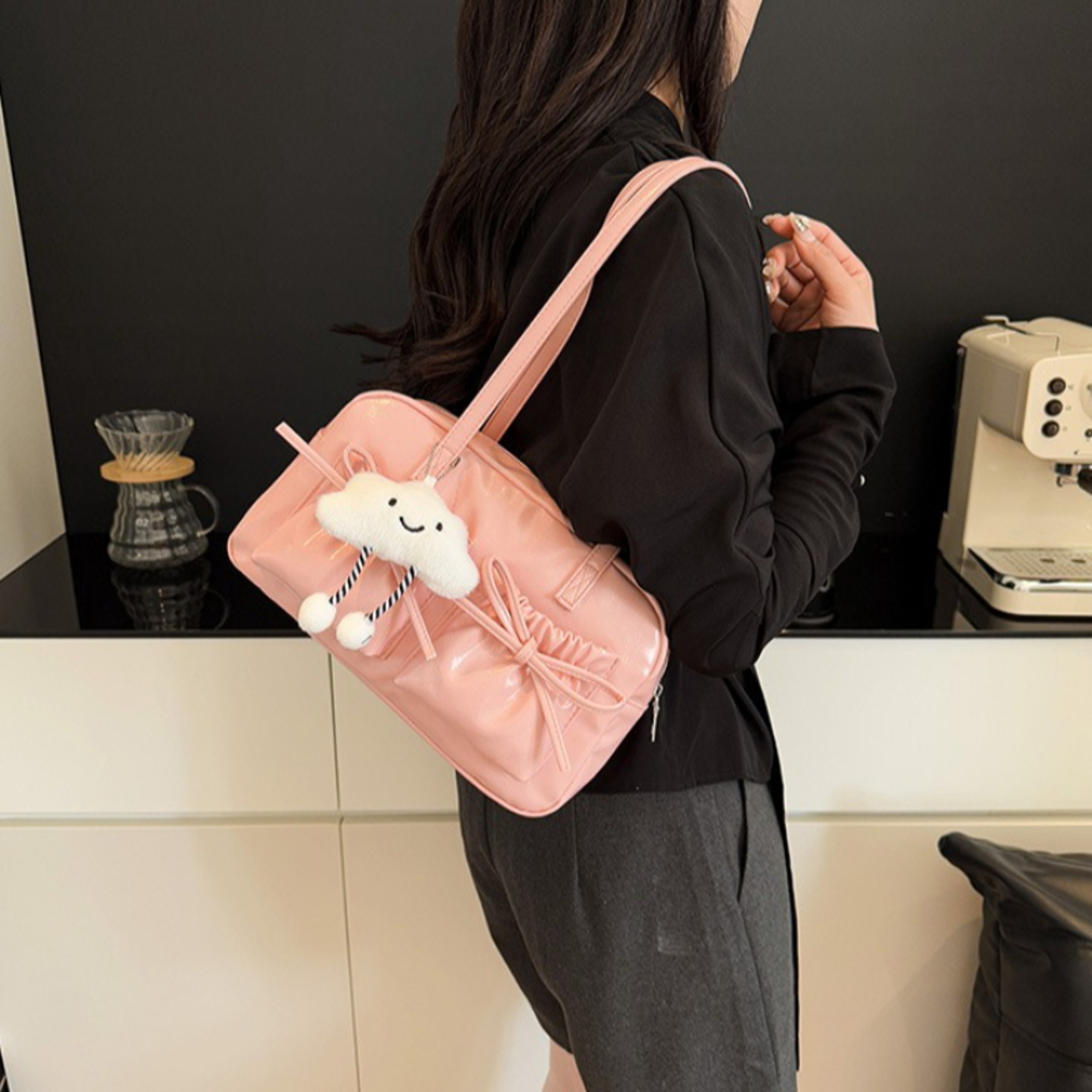 Cloud Charm Faux Leather Shoulder Bag with Bow Multi Pocket Design – view 4