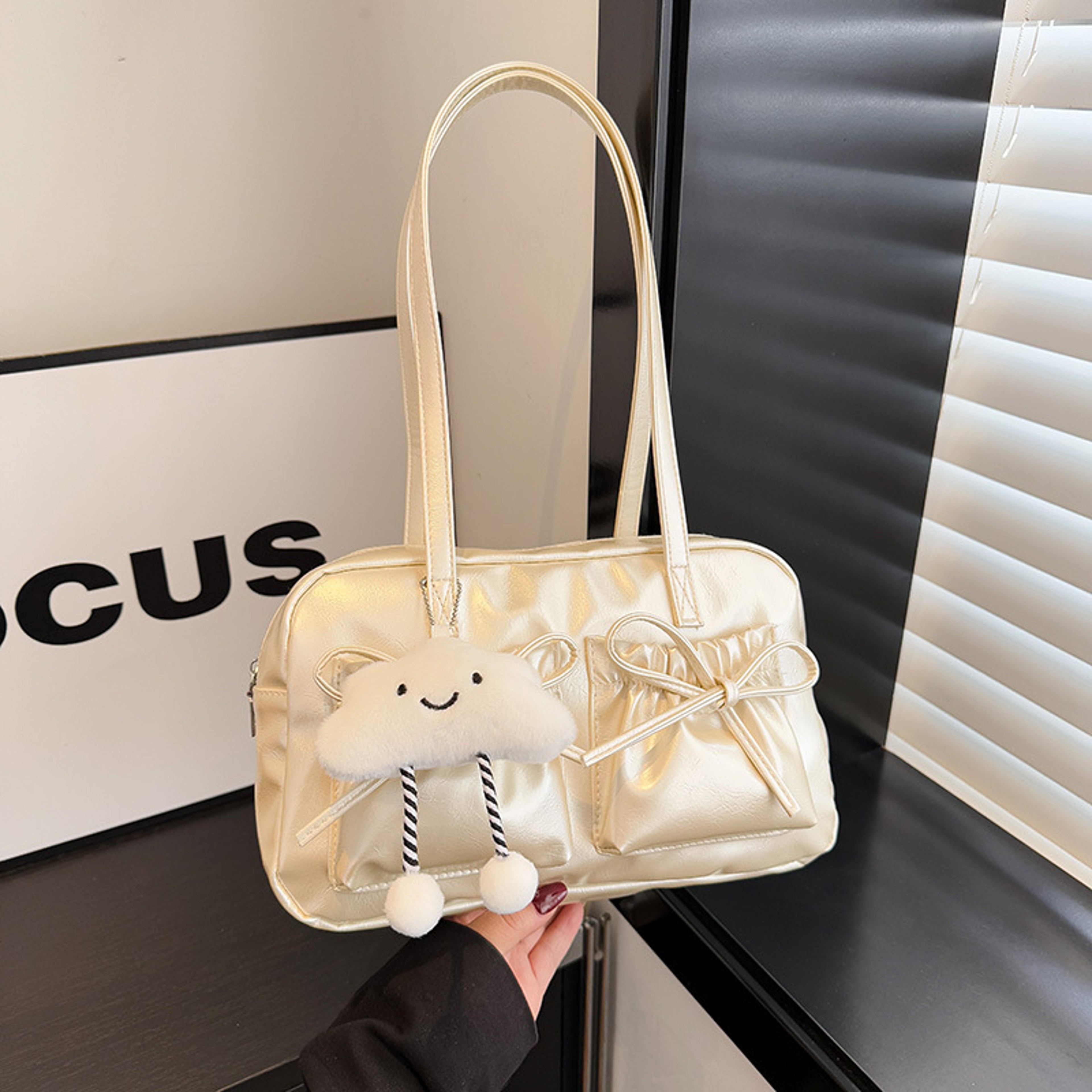 Cloud Charm Faux Leather Shoulder Bag with Bow Multi Pocket Design – view 15