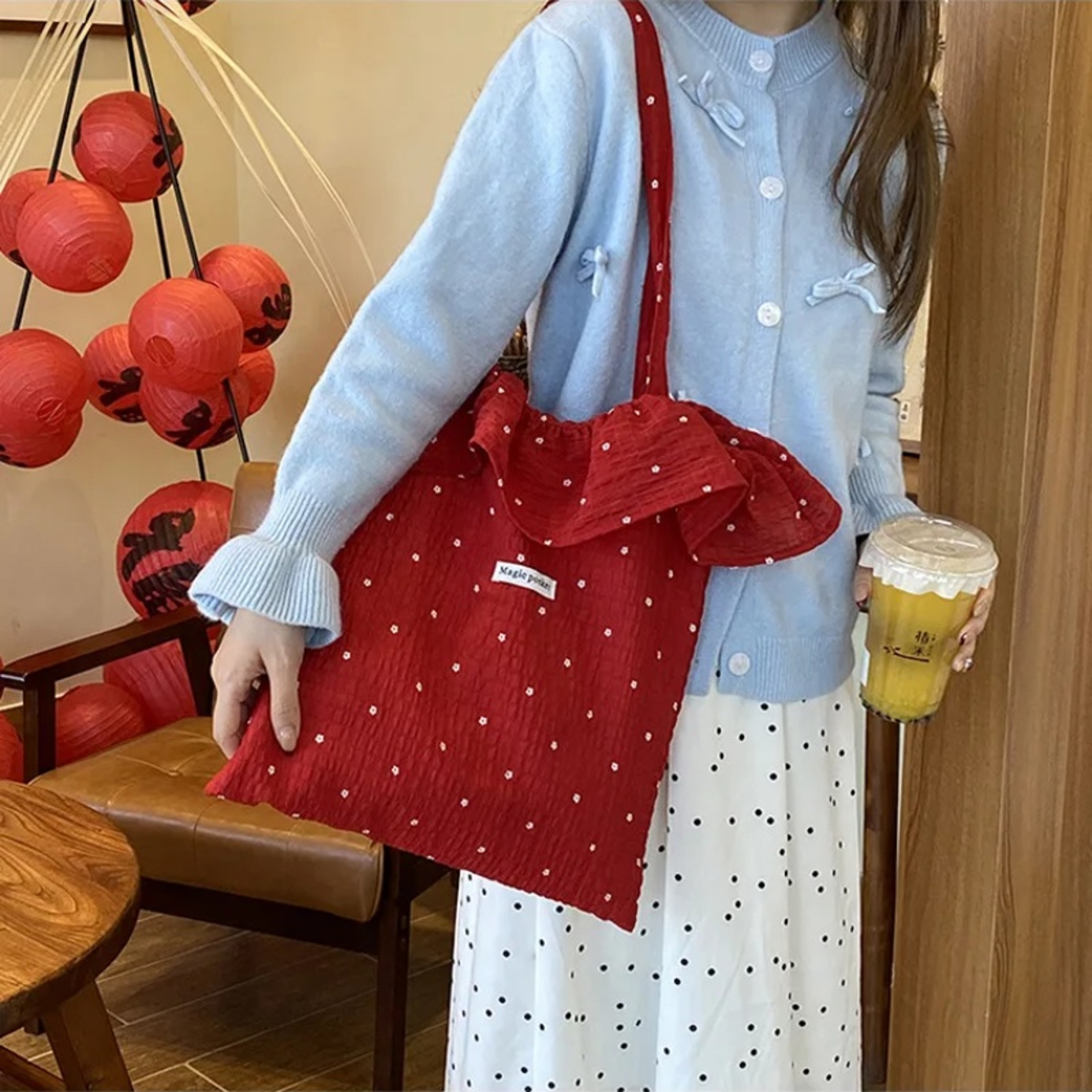Chiffon Shoulder Bag Polka Dot Korean Style Large Capacity Tote For Women 7