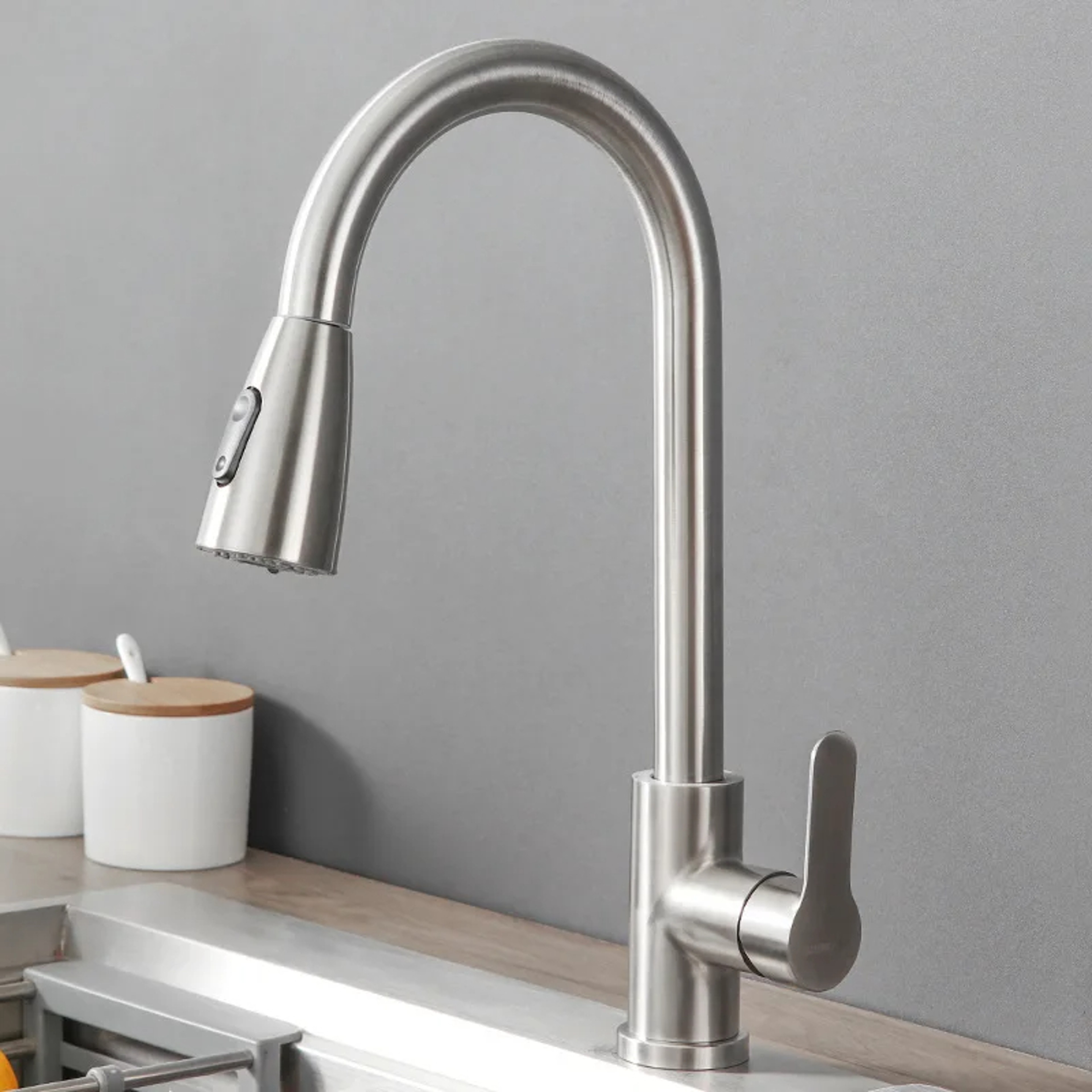 Brushed Nickel Pull Out Kitchen Faucet Single Hole Hot Cold Sink Mixer Tap 6