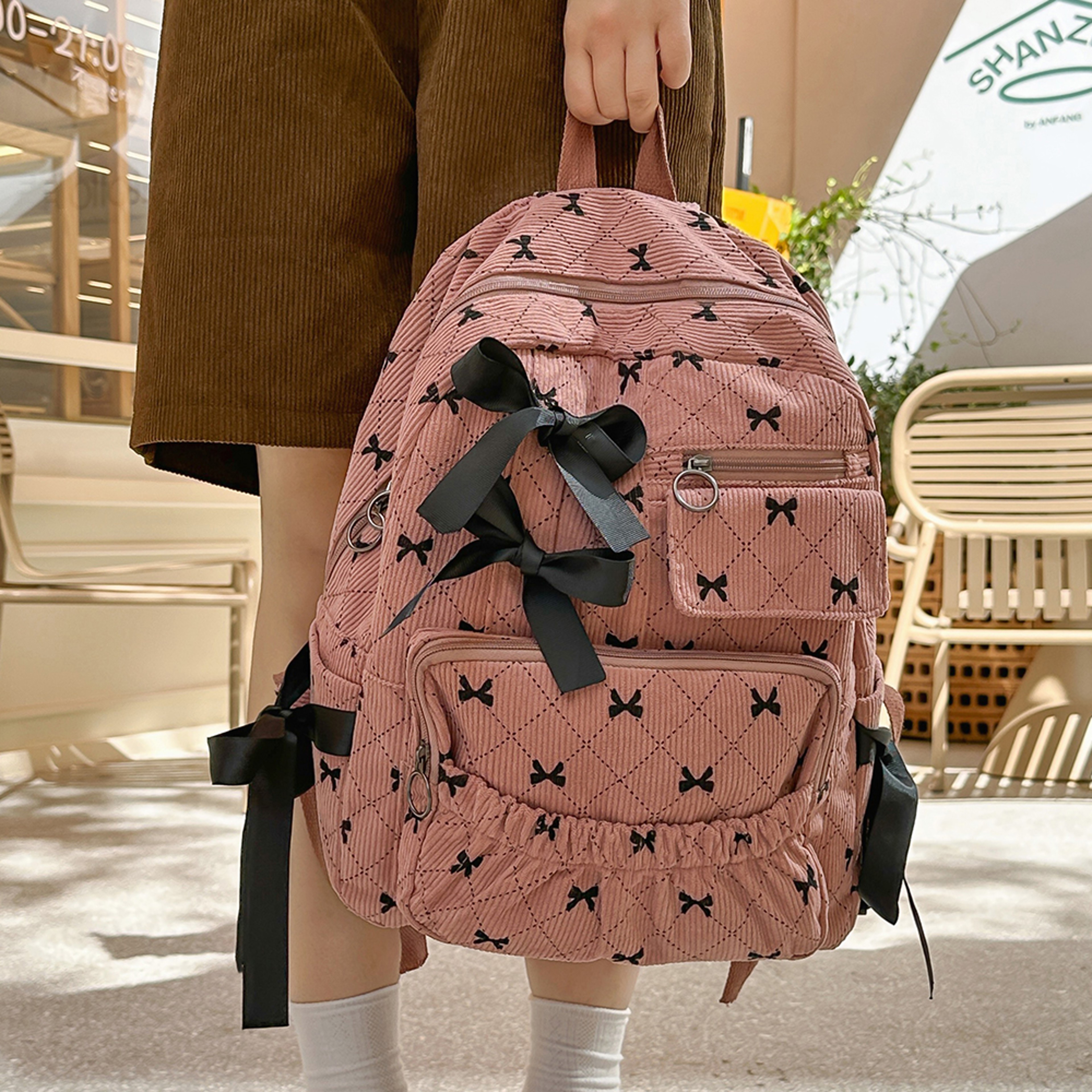 Cute Corduroy Bow Backpack Large Capacity College Laptop Backpack 4