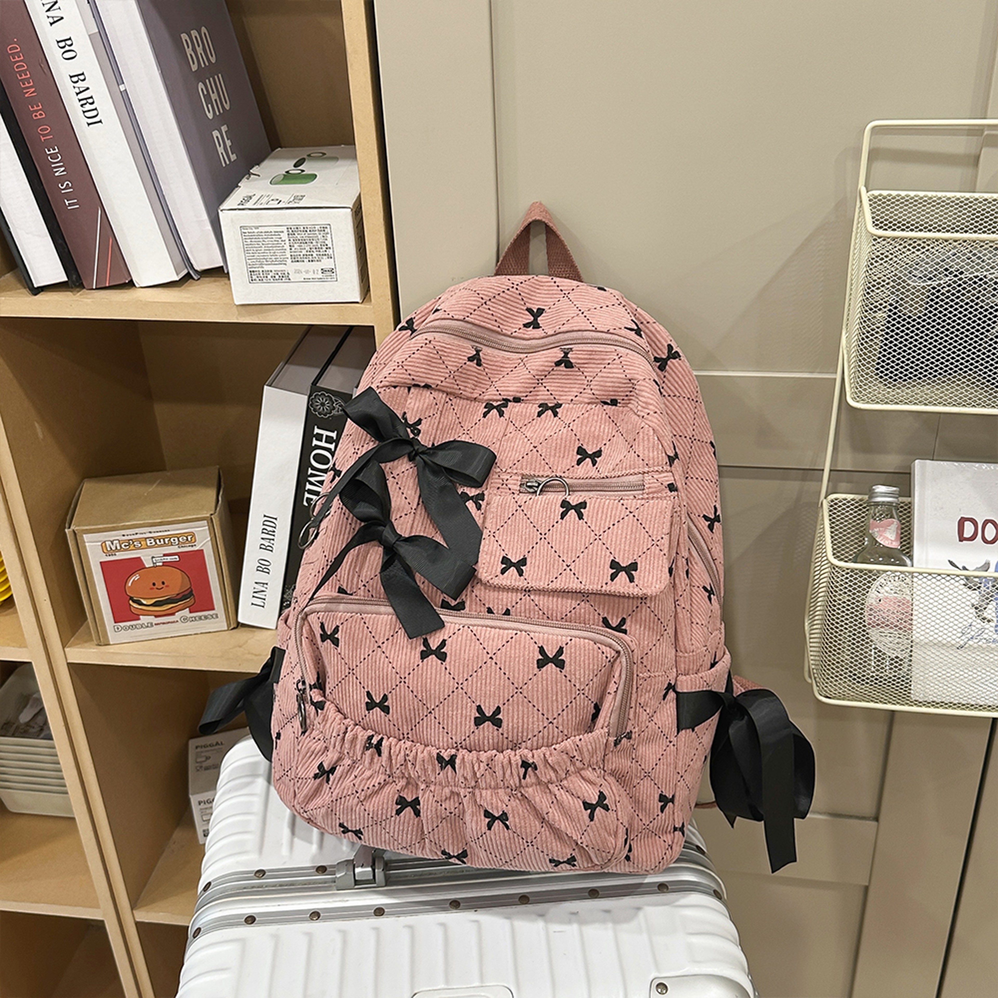 Cute Corduroy Bow Backpack Large Capacity College Laptop Backpack 5