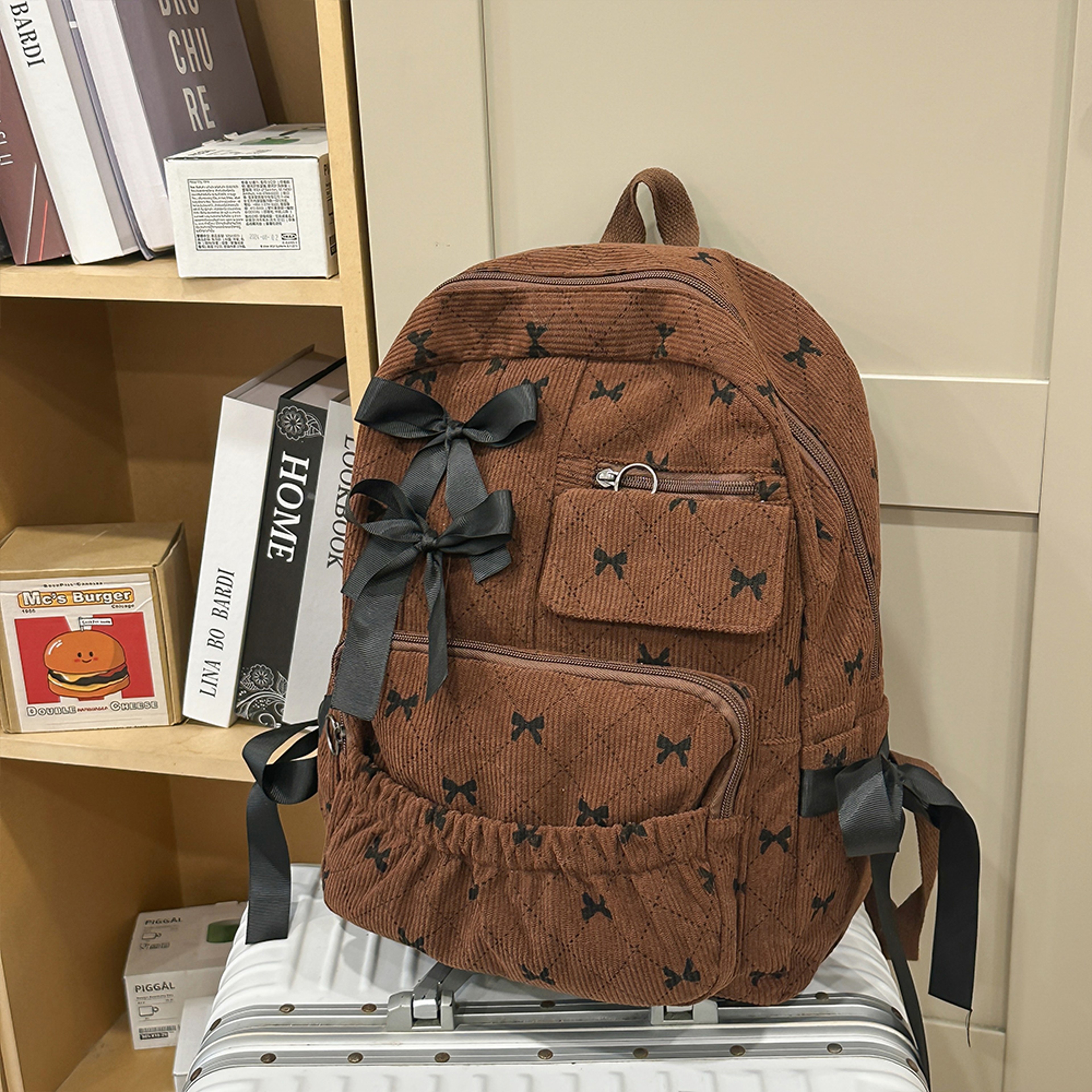 Cute Corduroy Bow Backpack Large Capacity College Laptop Backpack 7