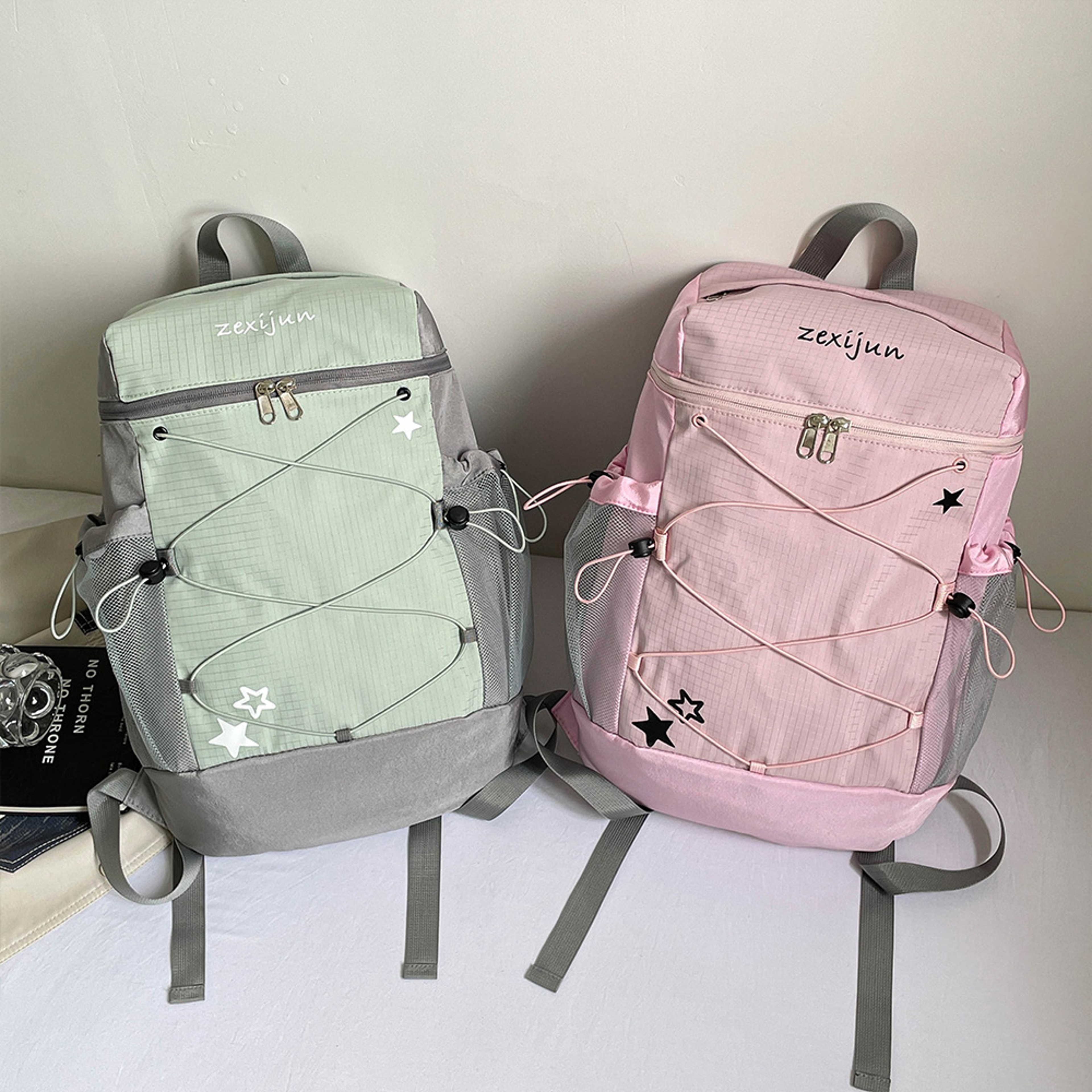 Star Print Nylon Backpack Multi Pocket School Backpack and Travel Daypack – view 3