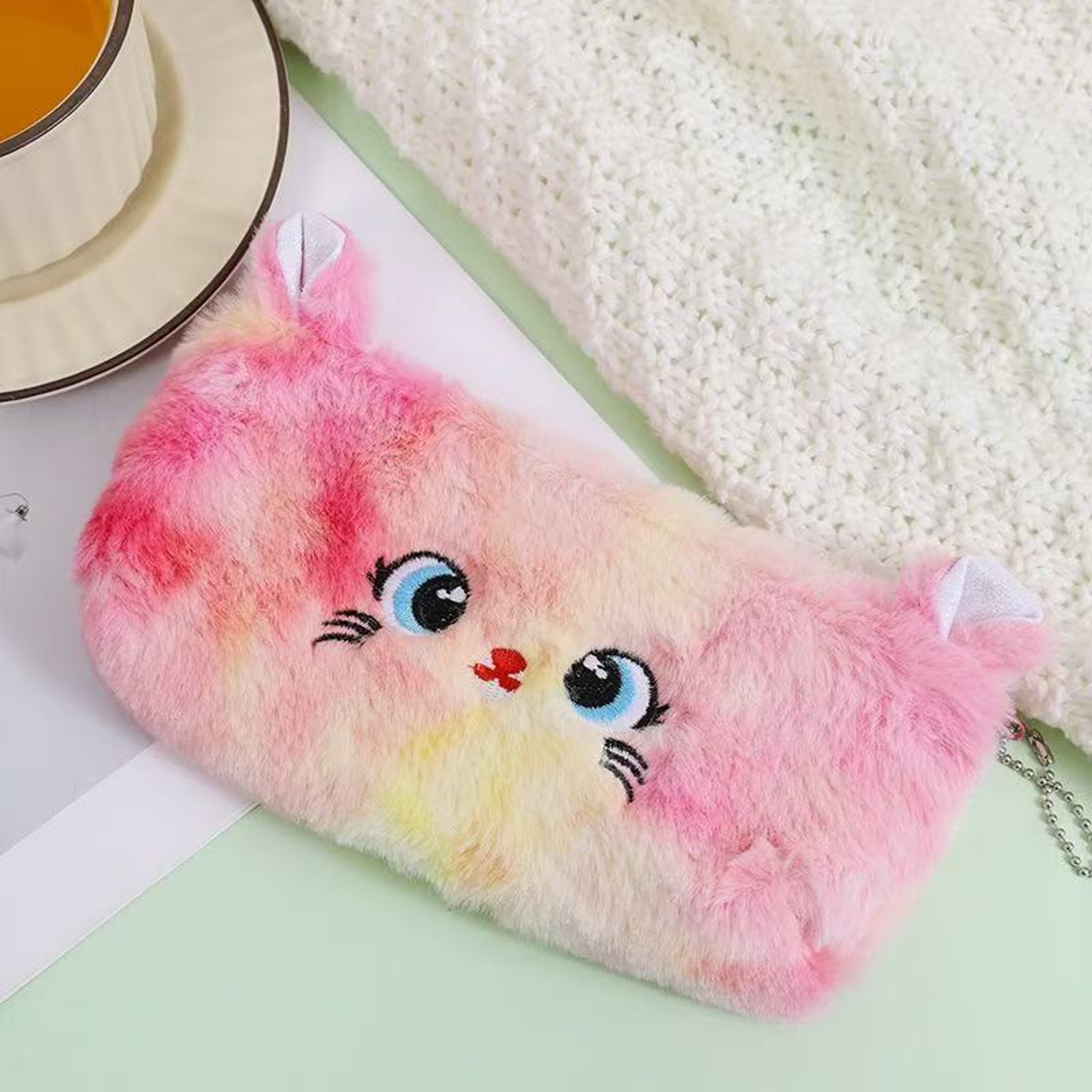 Gradient Kitten Plush Pencil Case Large Capacity Kawaii Stationery Pouch For Girls 1