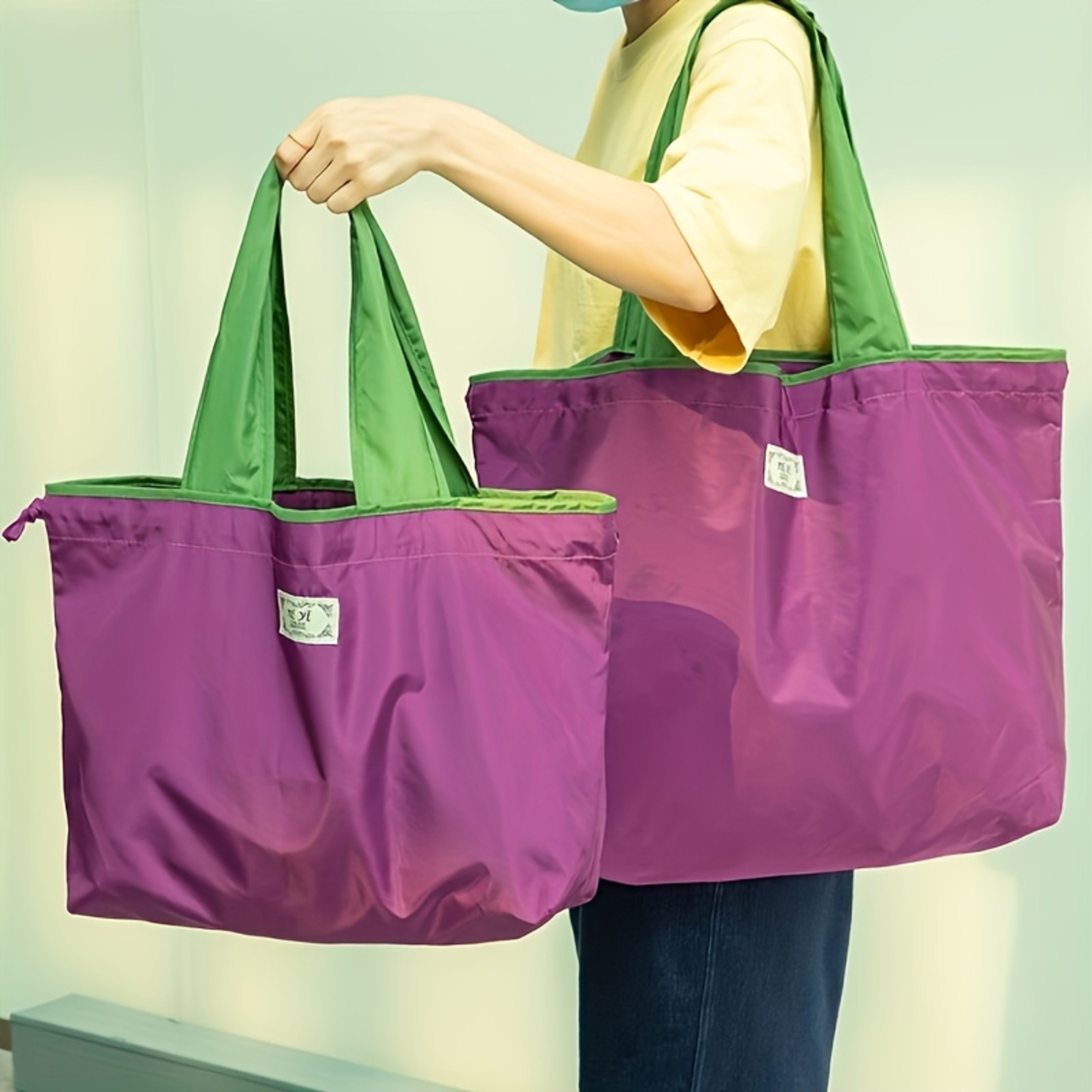 EcoCarry Reusable Shopping Bag Large Foldable Grocery Bag With Drawstring Shoulder Handles 0