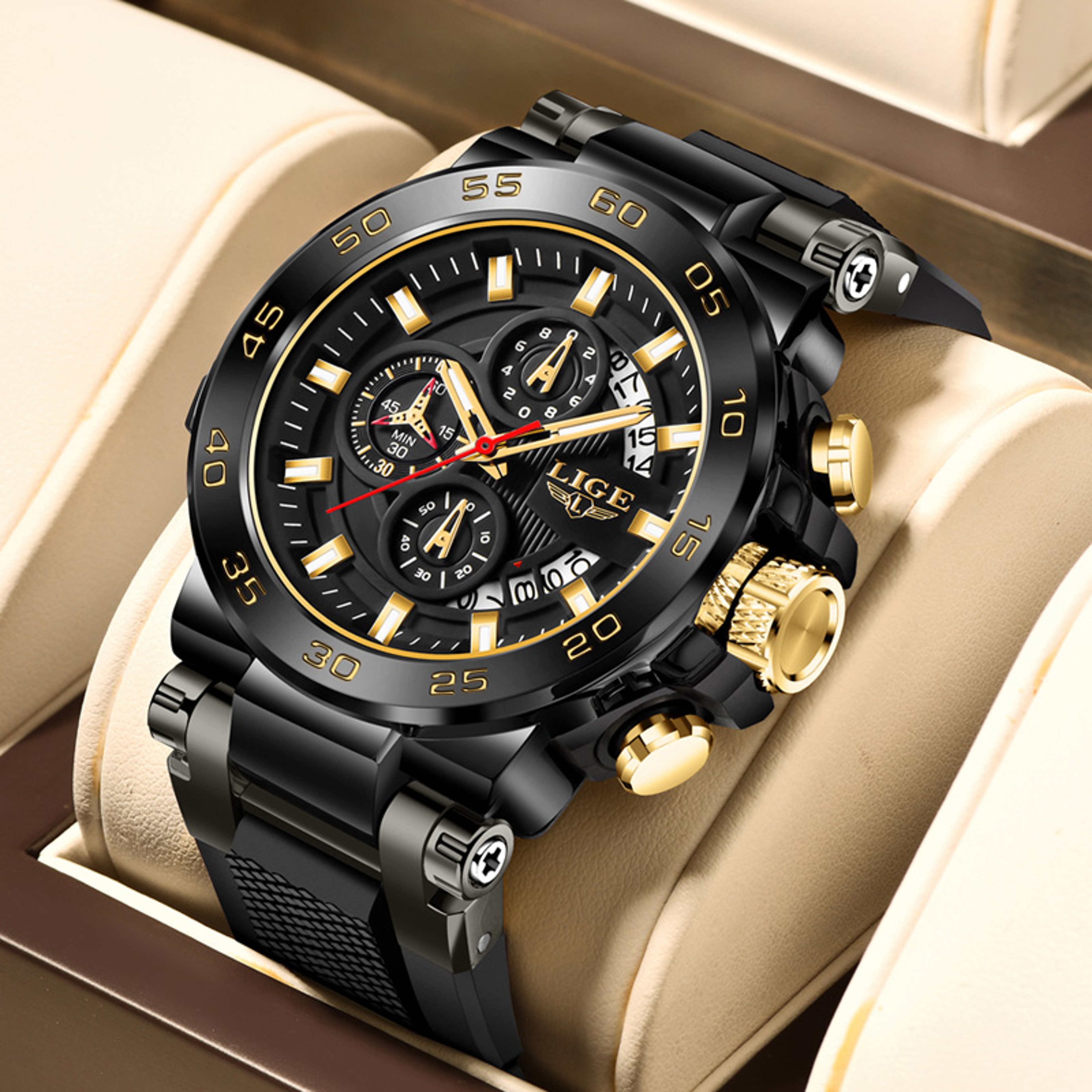 Modern Mens Quartz Watch Big Dial Auto Date Silicone Strap 8