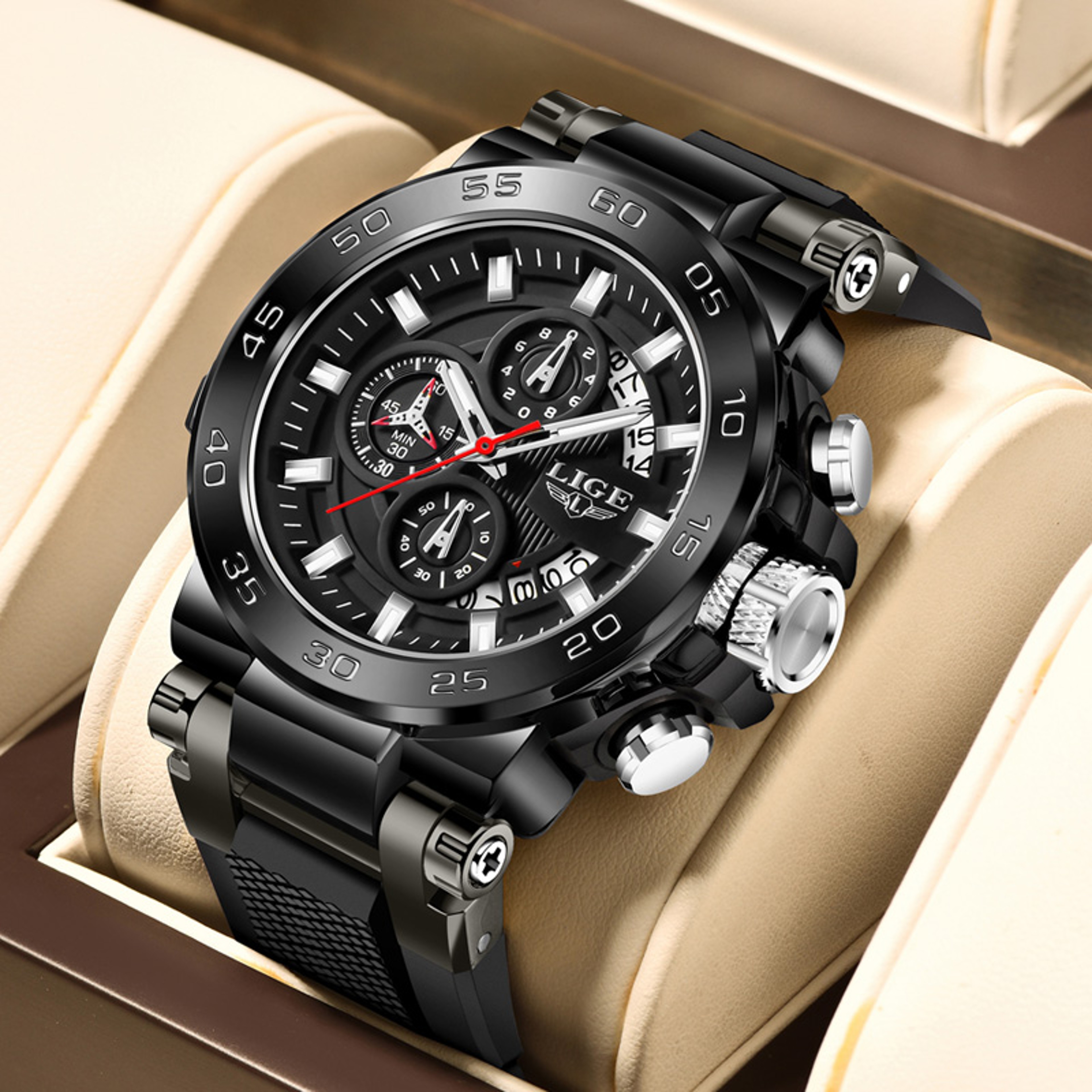Modern Mens Quartz Watch Big Dial Auto Date Silicone Strap 11