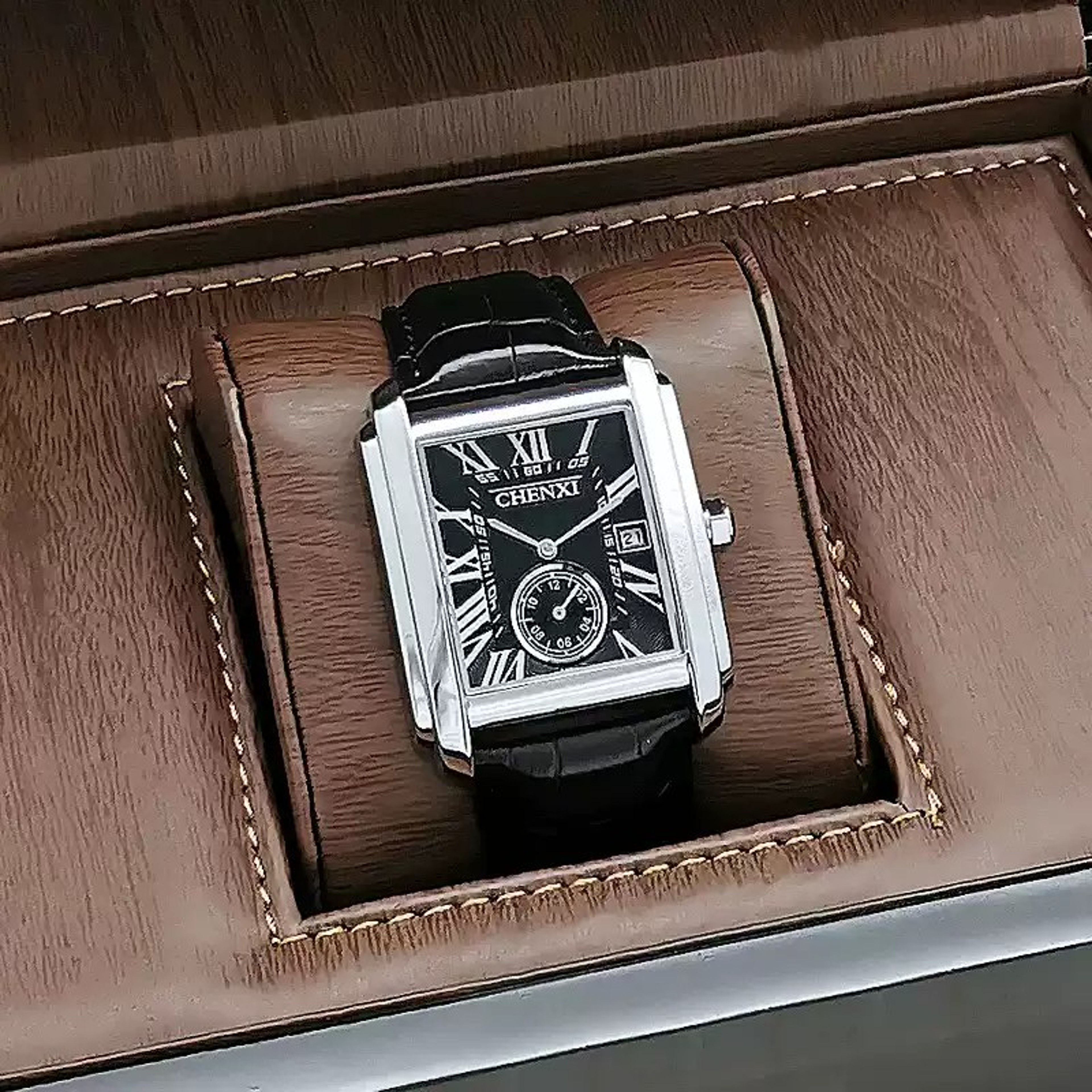 Classic Square Roman Numeral Quartz Watch For Men With Genuine Leather Band 1