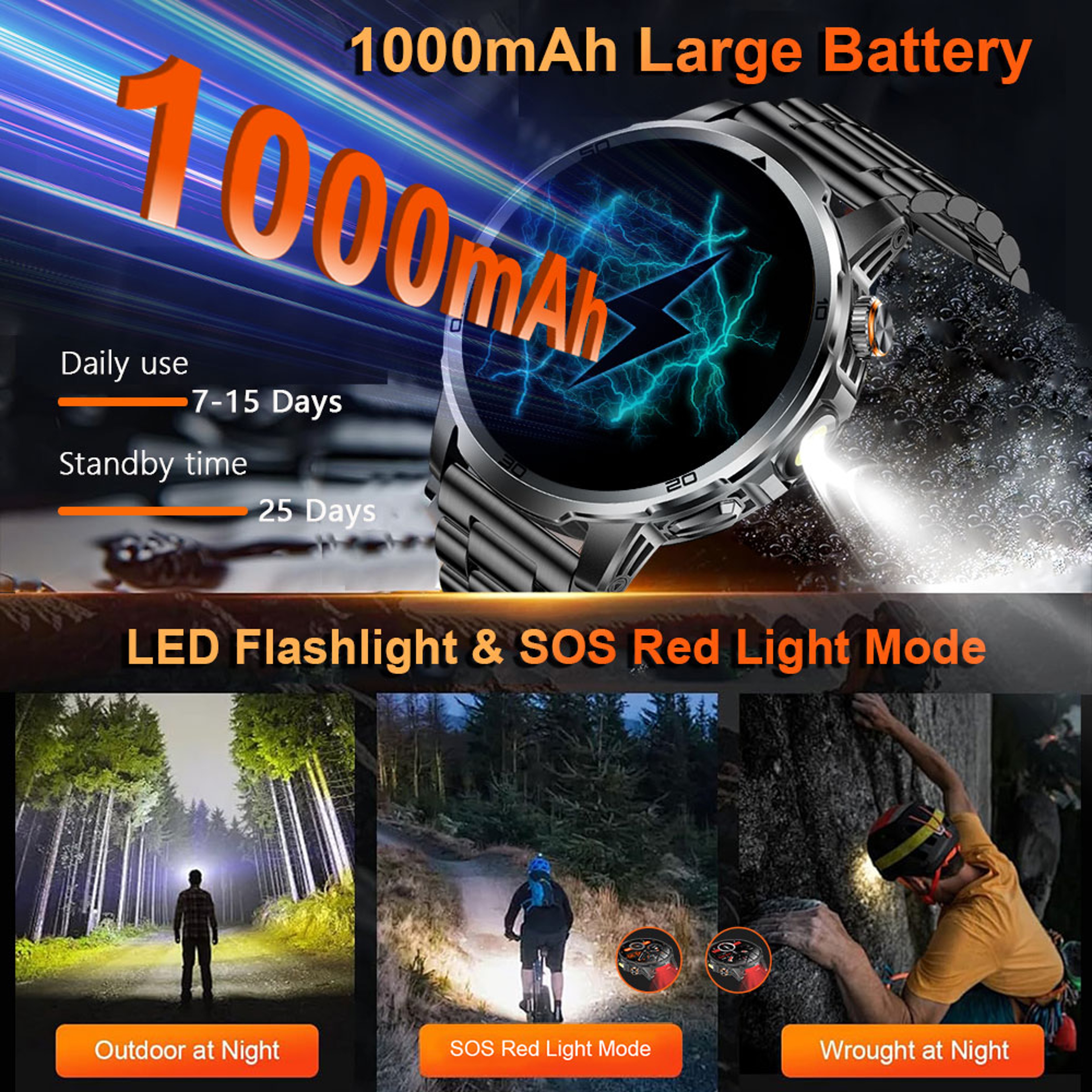 Large Screen Outdoor Smartwatch With Bluetooth Calling Battery LED Flashlight 5