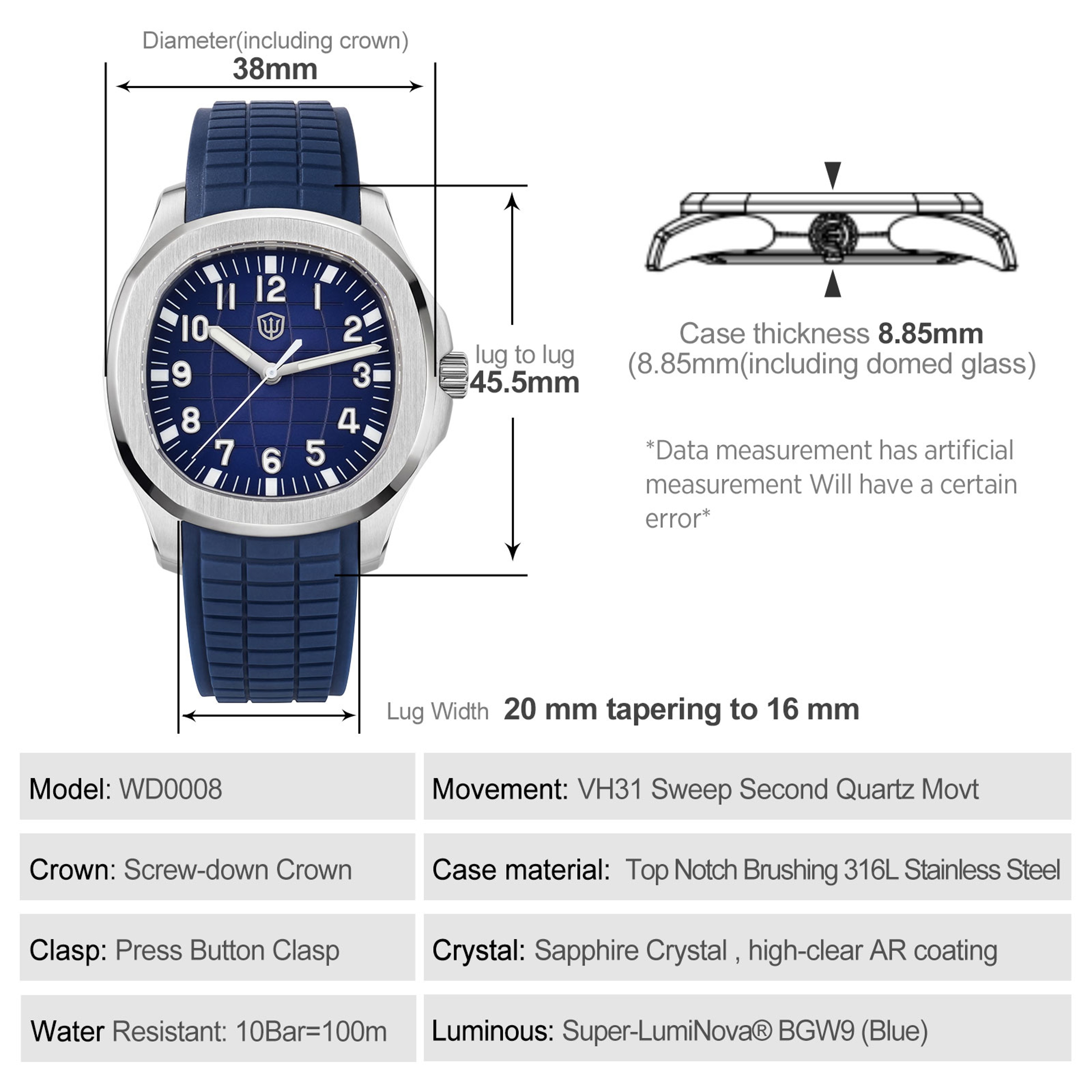 Sweep Second Quartz Watch With Sapphire Crystal Waterproof Steel Case FKM Strap 1