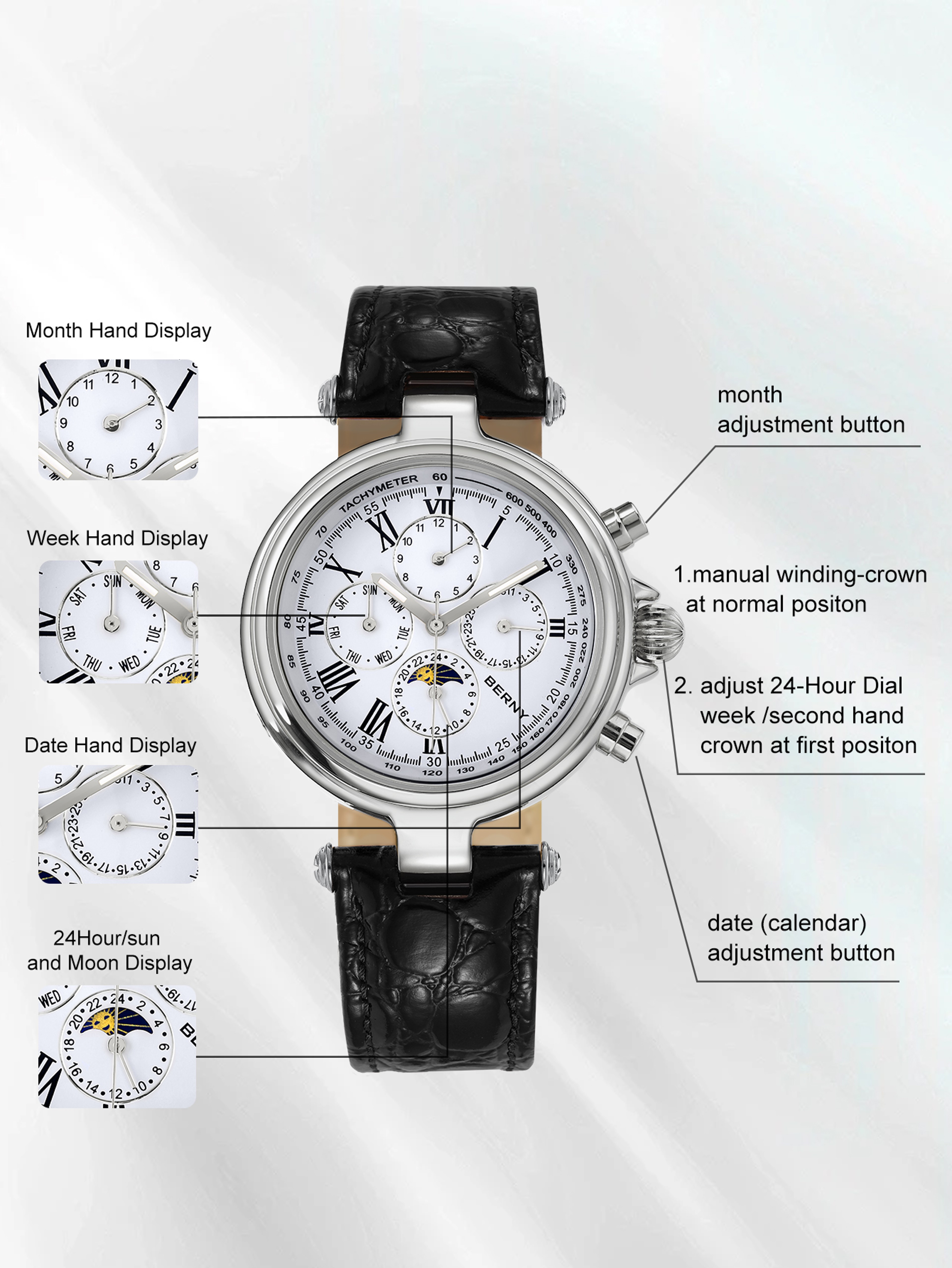 Classic Automatic Mechanical Dress Watch For Men With Stainless Steel Case And Leather Strap 3