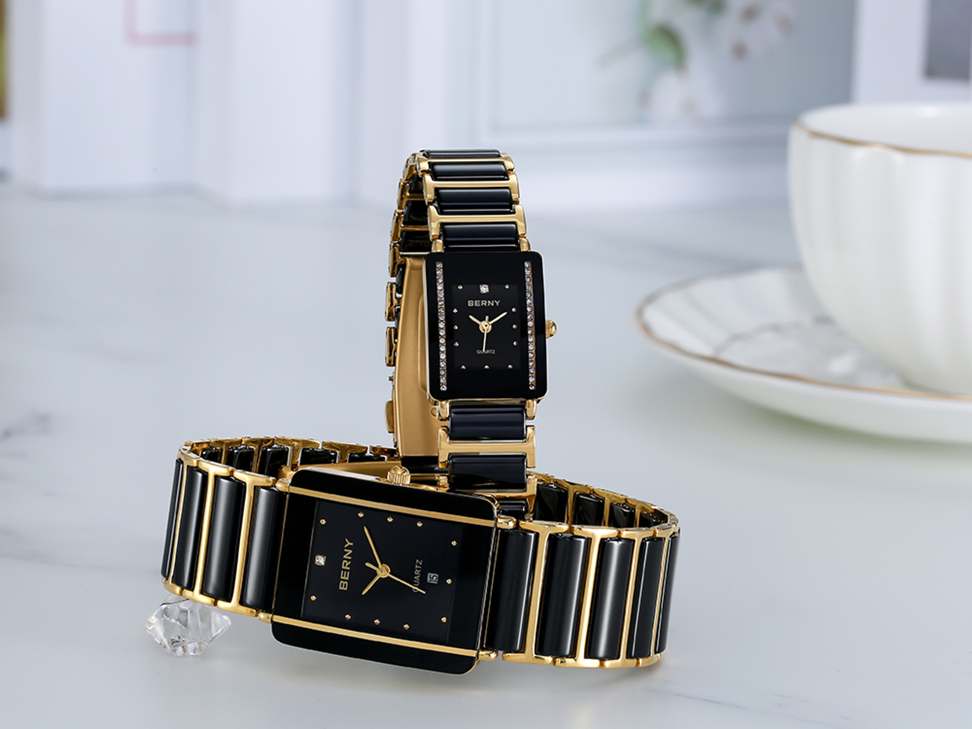 Rectangle Ceramic Quartz Watch Gold Couple Bracelet Watch 3