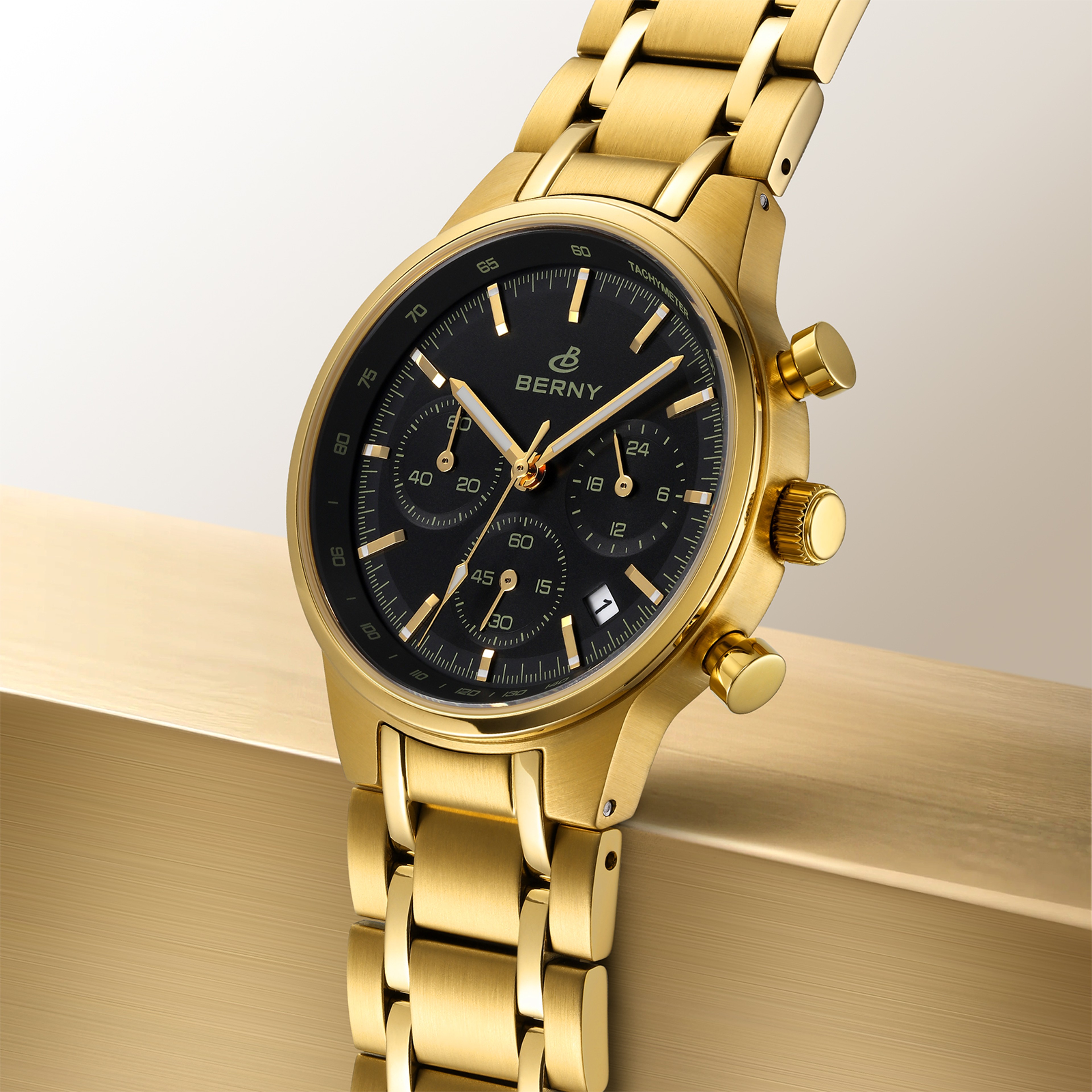 Gold Panda Dial Chronograph Watch For Men Sapphire Stainless Steel Quartz Sports Watch 0