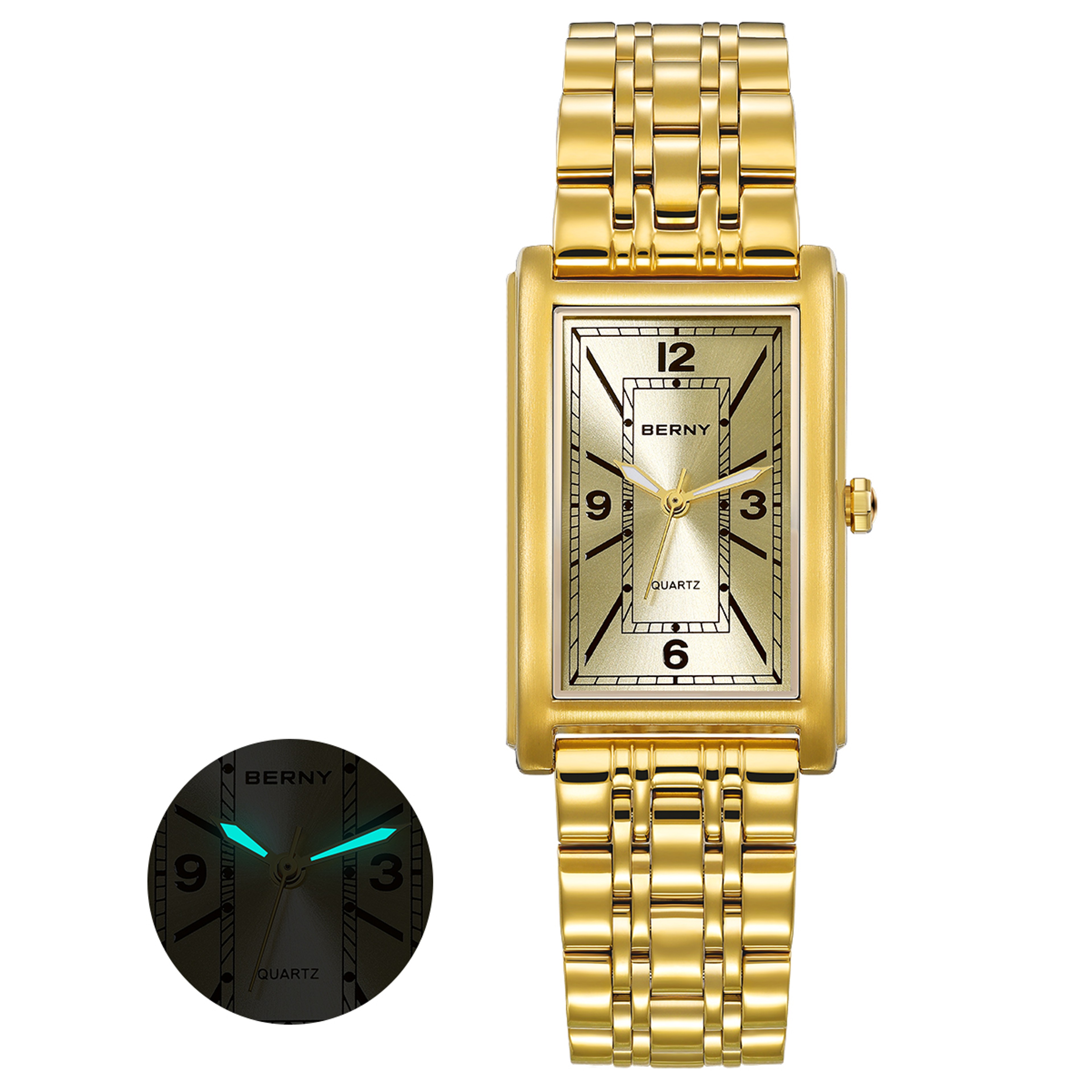 Gold Rectangular Watch For Men Stainless Steel Luminous Luxury Wristwatch 8