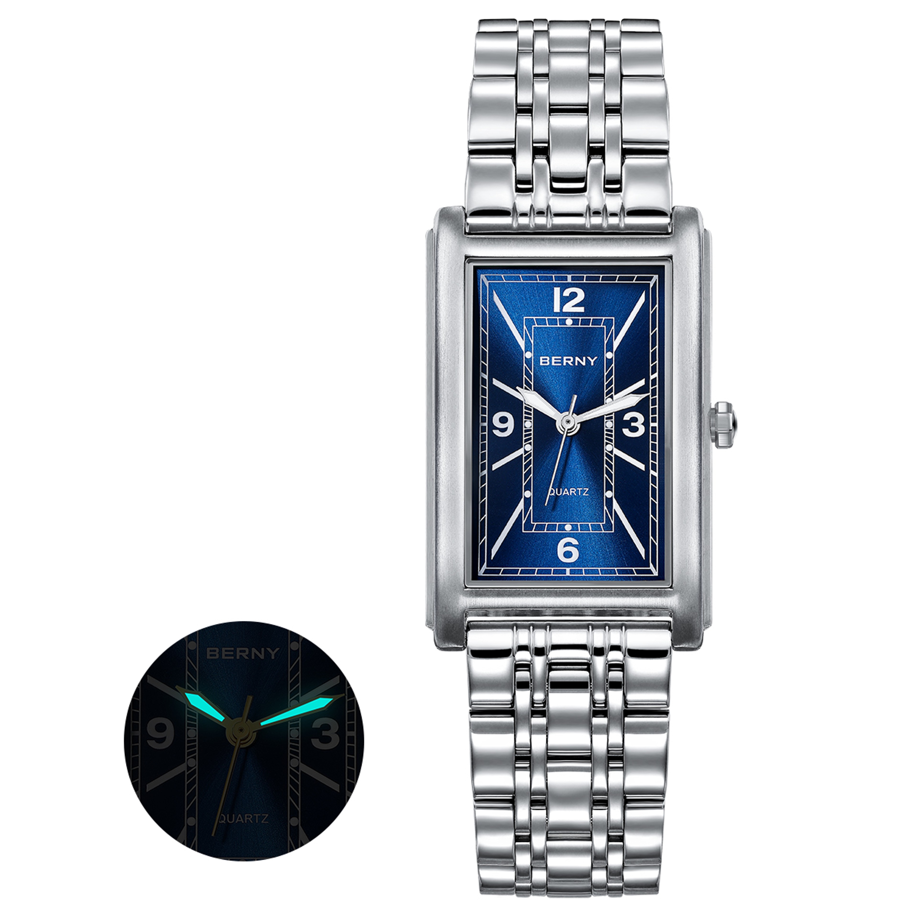 Luxury Square Mens Quartz Watch Stainless Steel Luminous Rectangular Wristwatch 7