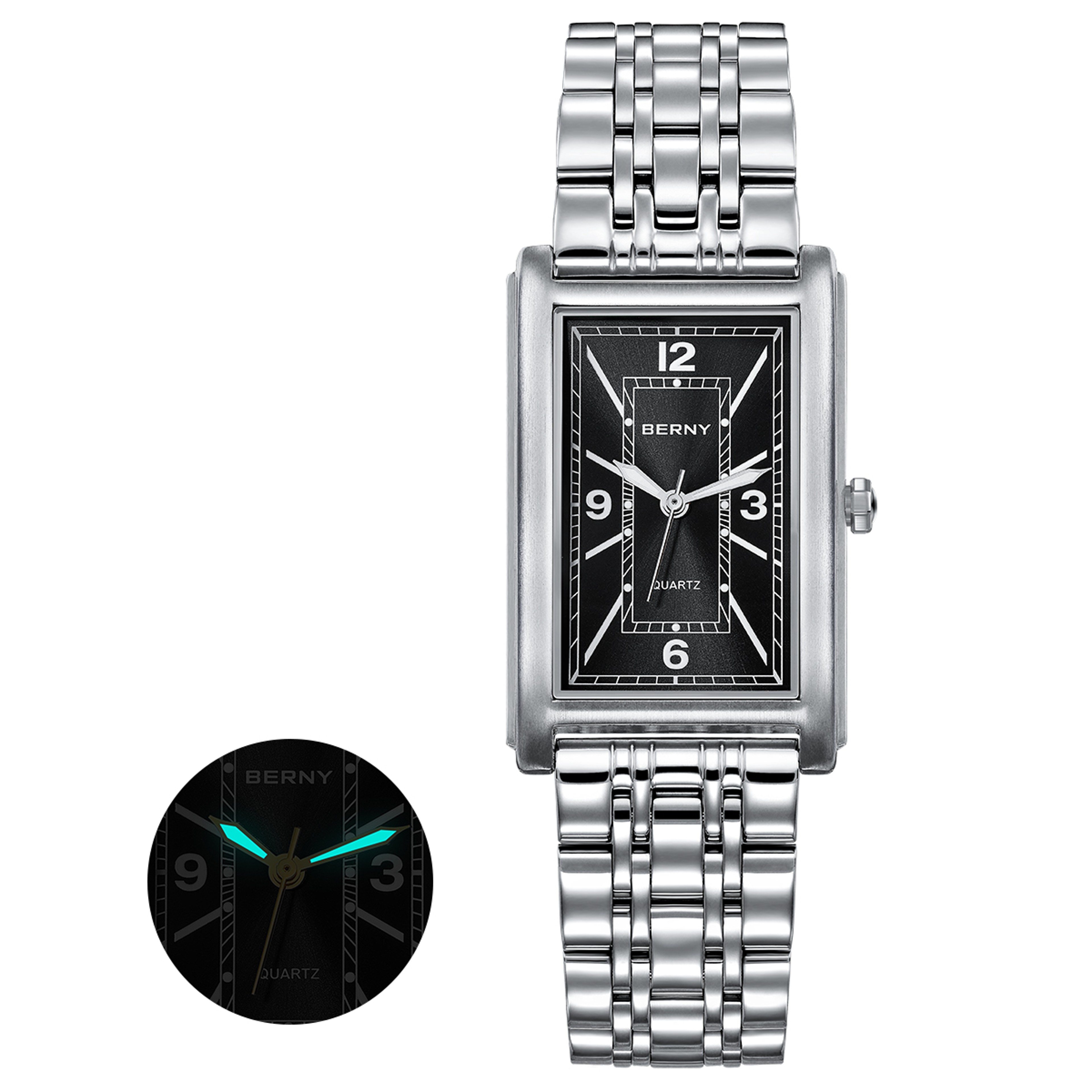 Luxury Square Mens Quartz Watch Stainless Steel Luminous Rectangular Wristwatch 6