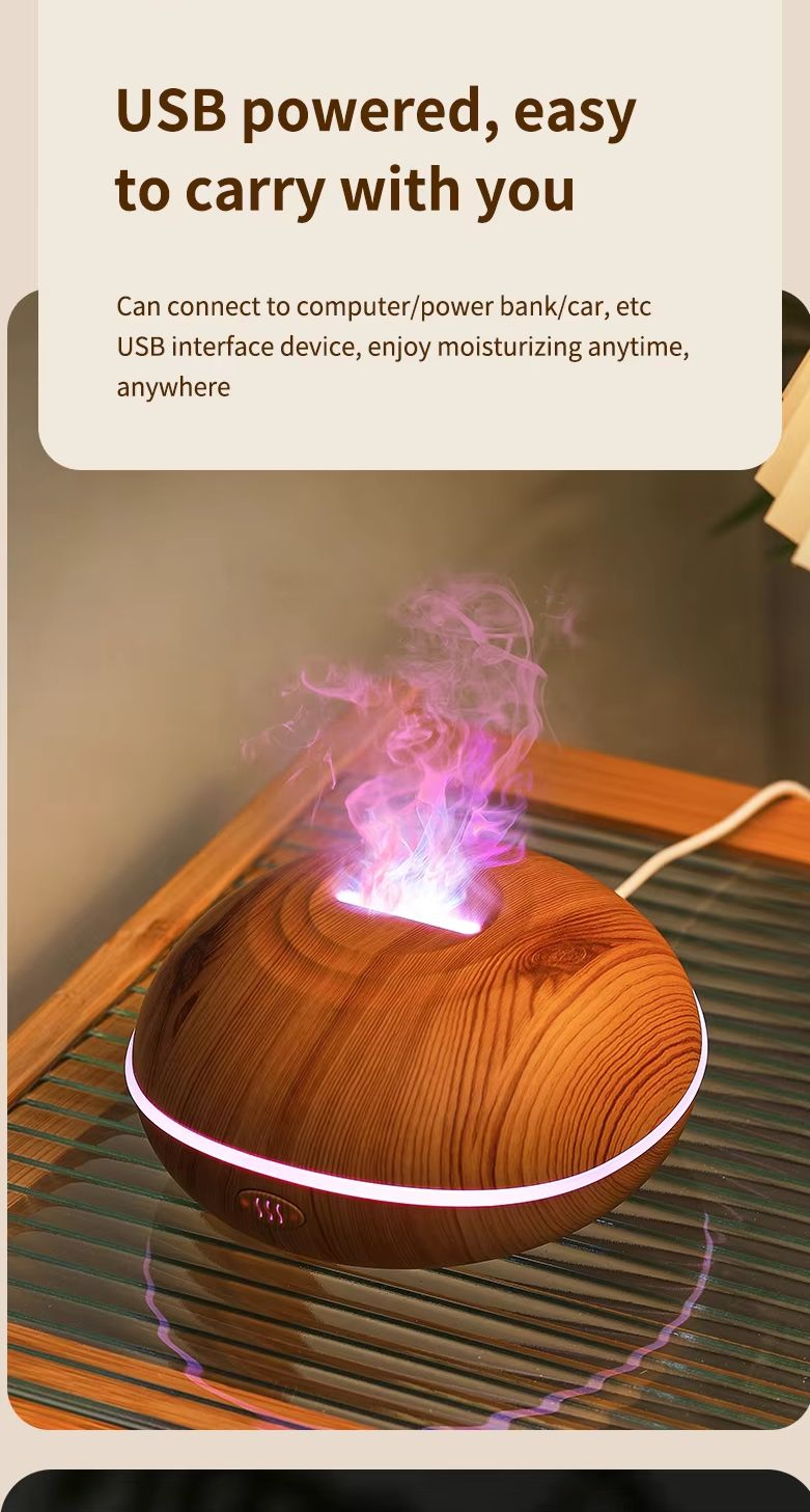 Wood Grain Flame Aroma Diffuser Essential Oil Humidifier With Color Night Light 2