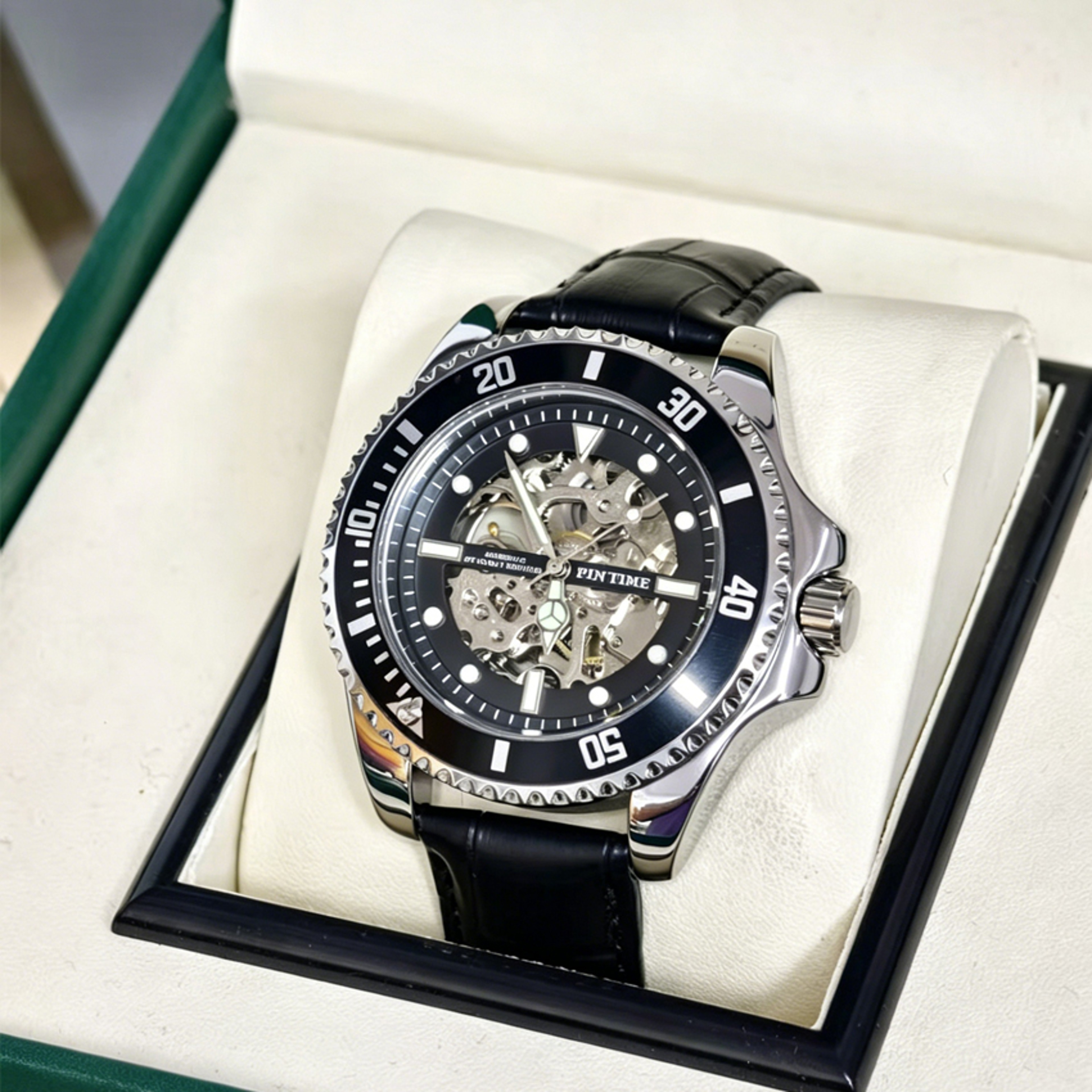 Skeleton Automatic Mechanical Watch for Men with Luminous Markers Leather Strap and Black Diver Bezel – view 2