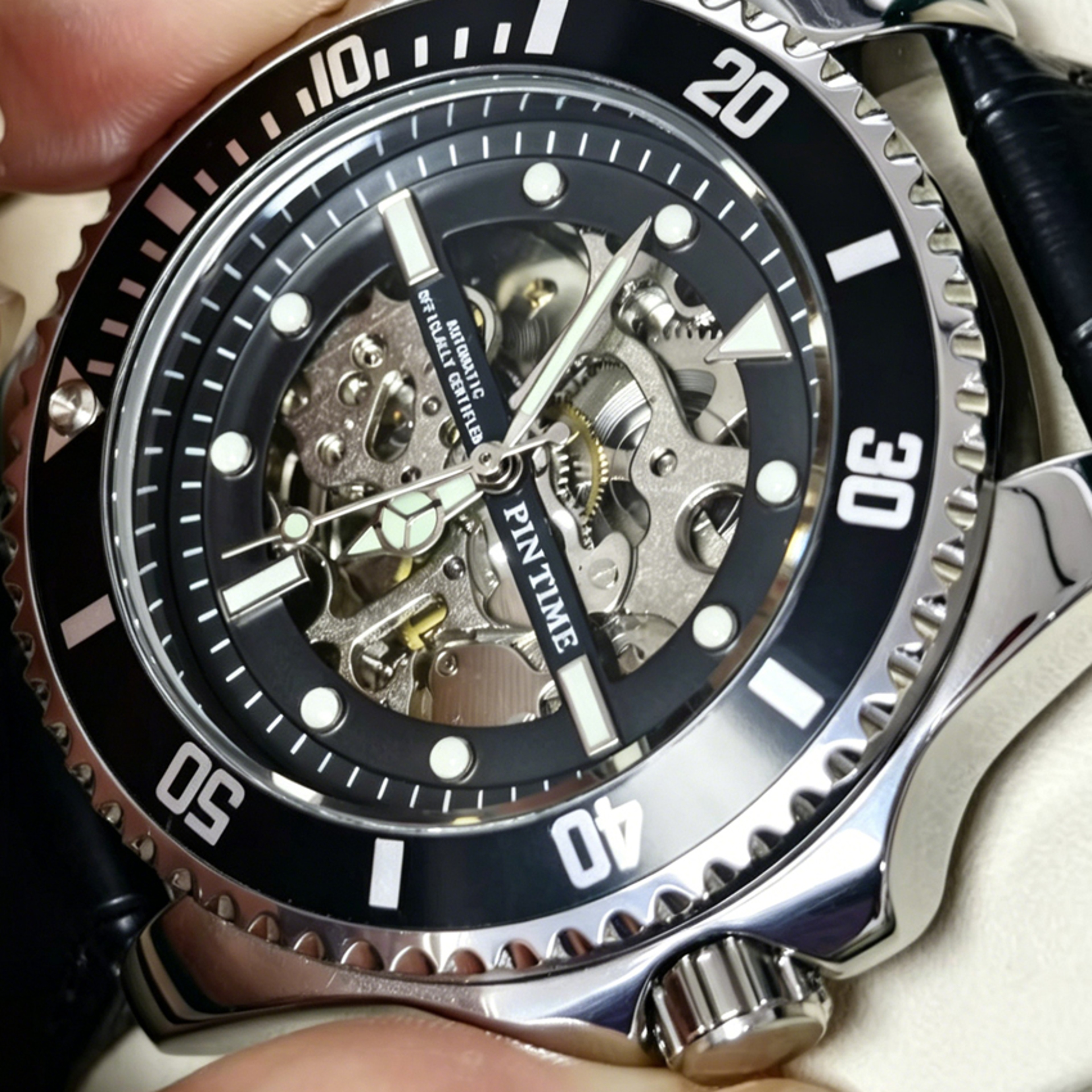 Skeleton Automatic Mechanical Watch for Men with Luminous Markers Leather Strap and Black Diver Bezel – view 3