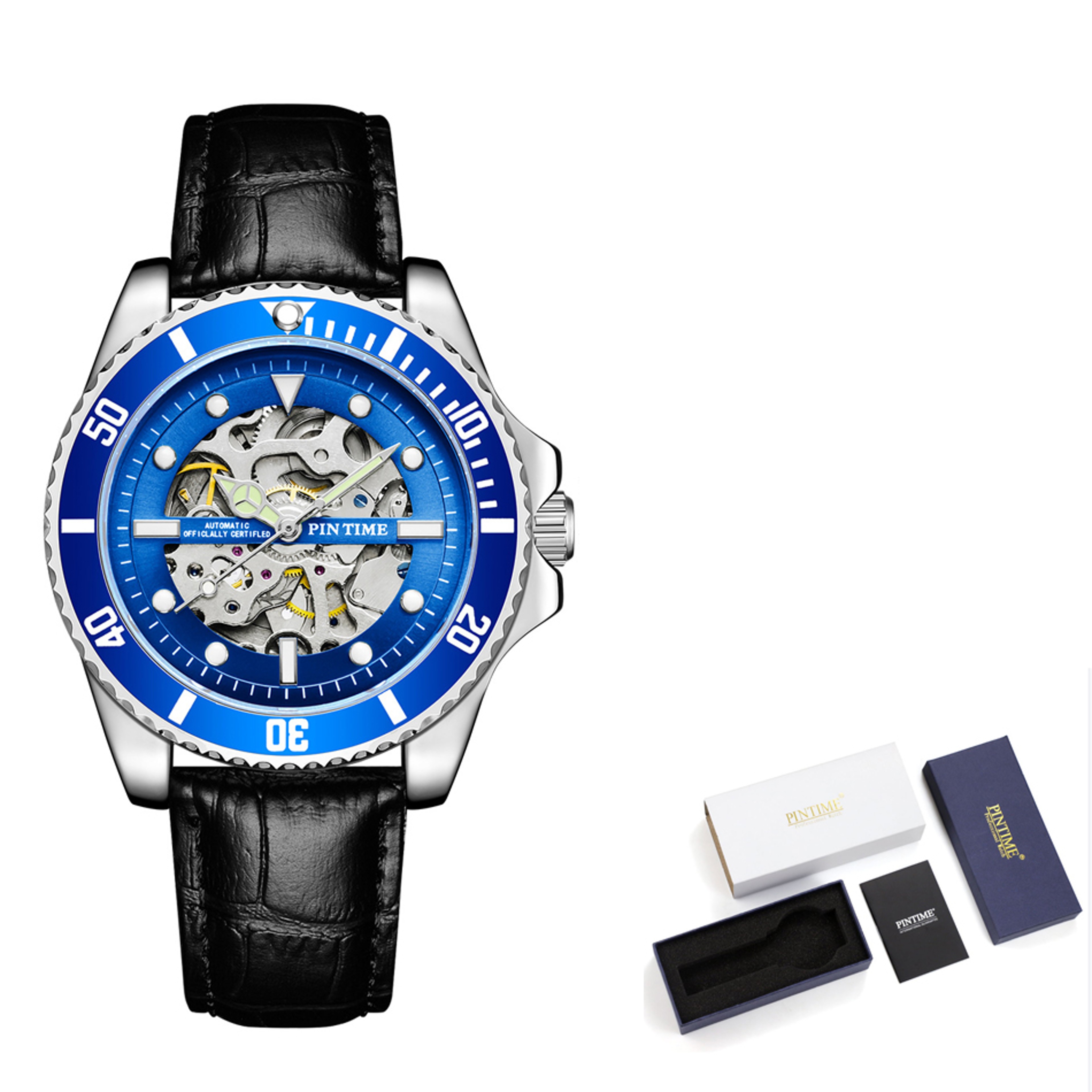 Skeleton Automatic Mechanical Watch for Men with Luminous Markers Leather Strap and Black Diver Bezel – view 9
