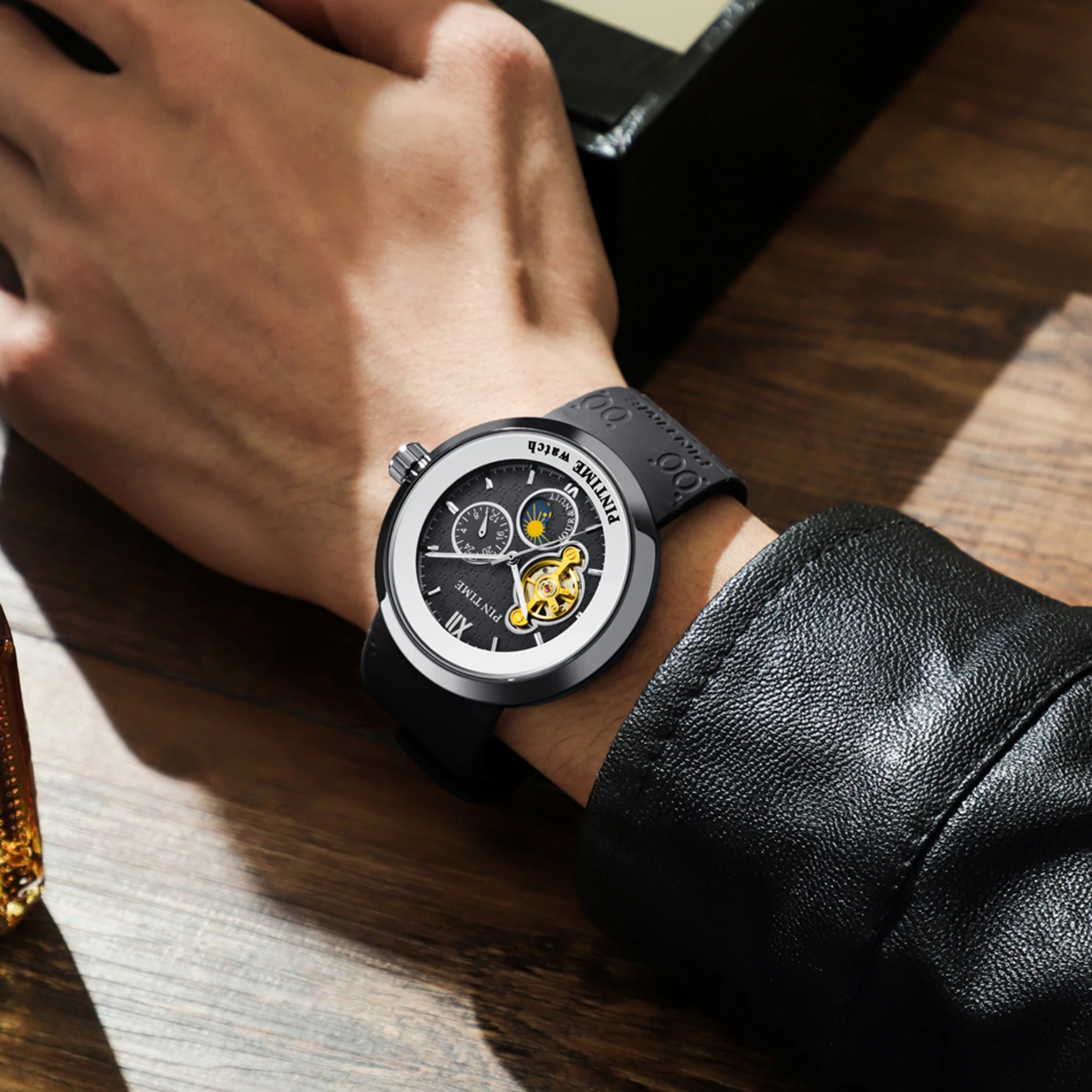 Star Moon Automatic Mechanical Watch With Tourbillon Style Self Winding Movement 3