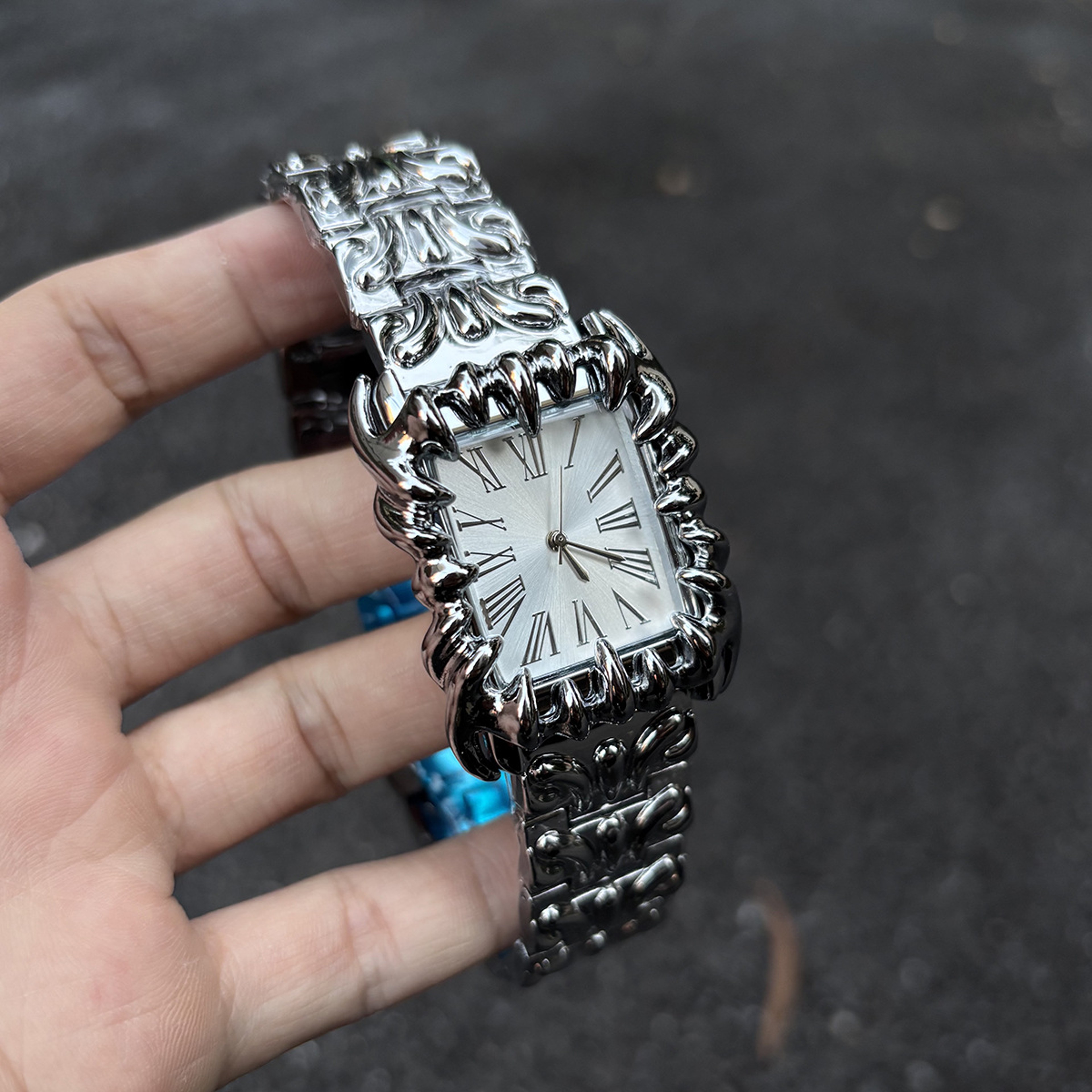 Demon Claw Square Quartz Watch For Men Retro Silver Black Statement Wristwatch 5
