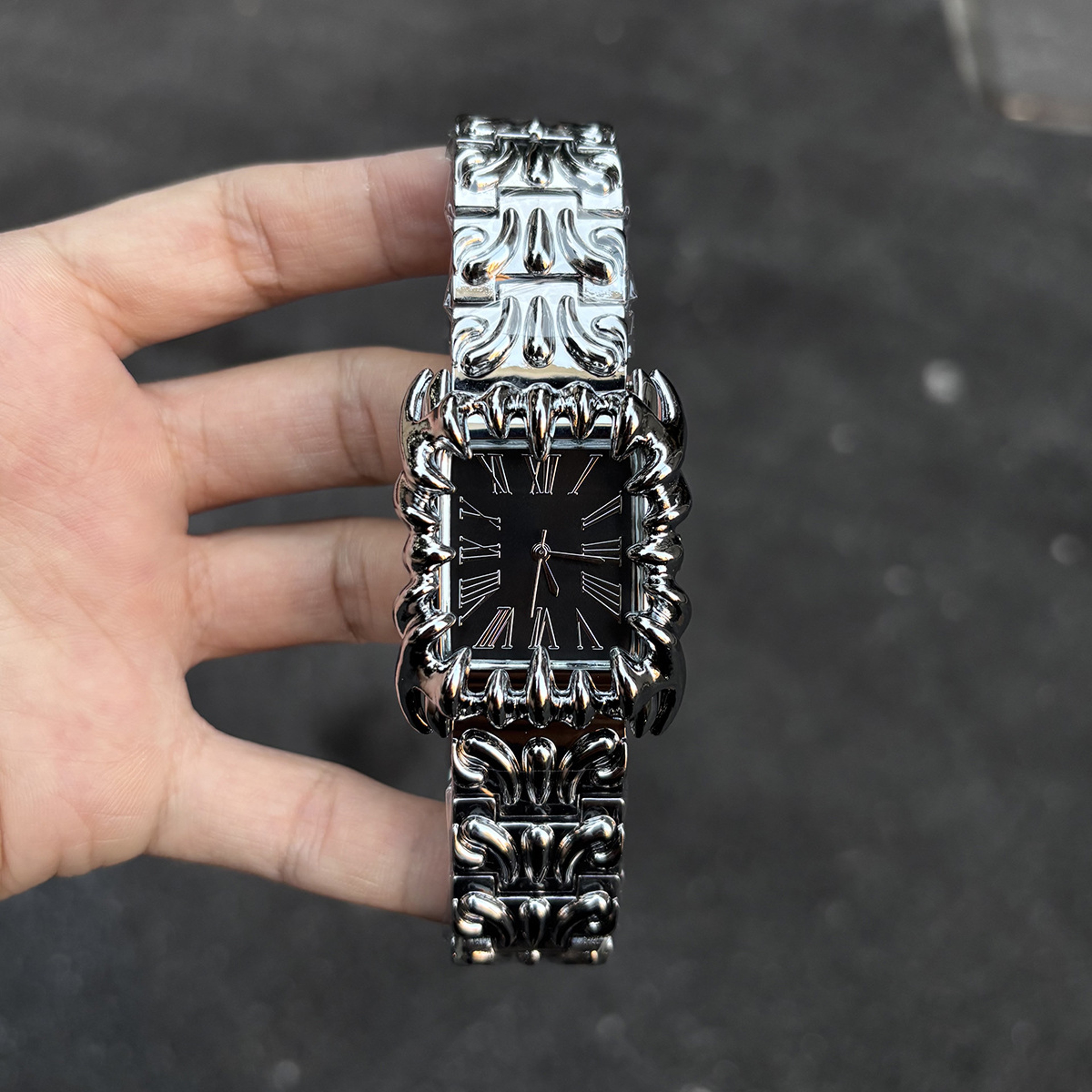 Demon Claw Square Quartz Watch For Men Retro Silver Black Statement Wristwatch 7