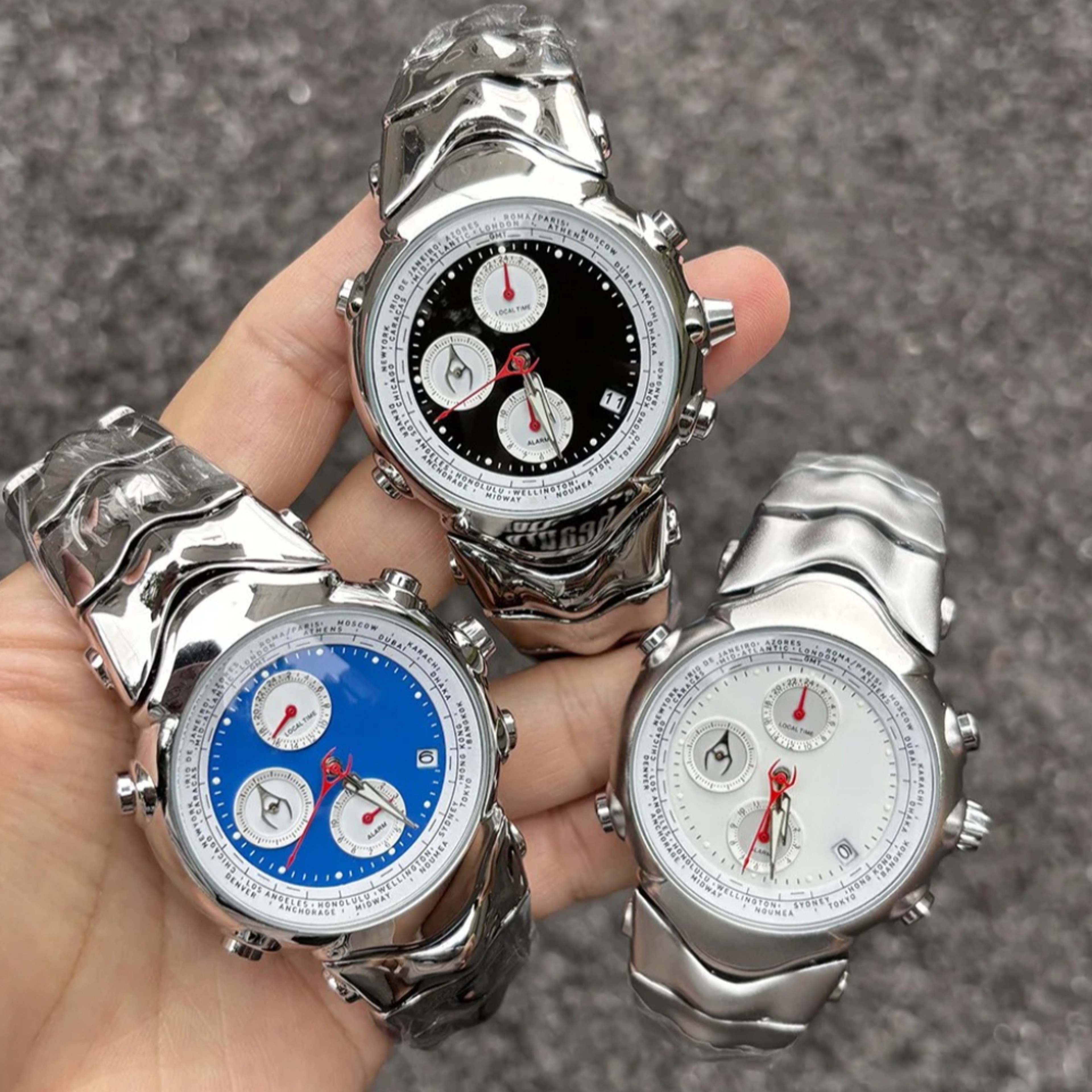 Six Hand Quartz Watch Mens Alien Shape Steel Statement Watch 0
