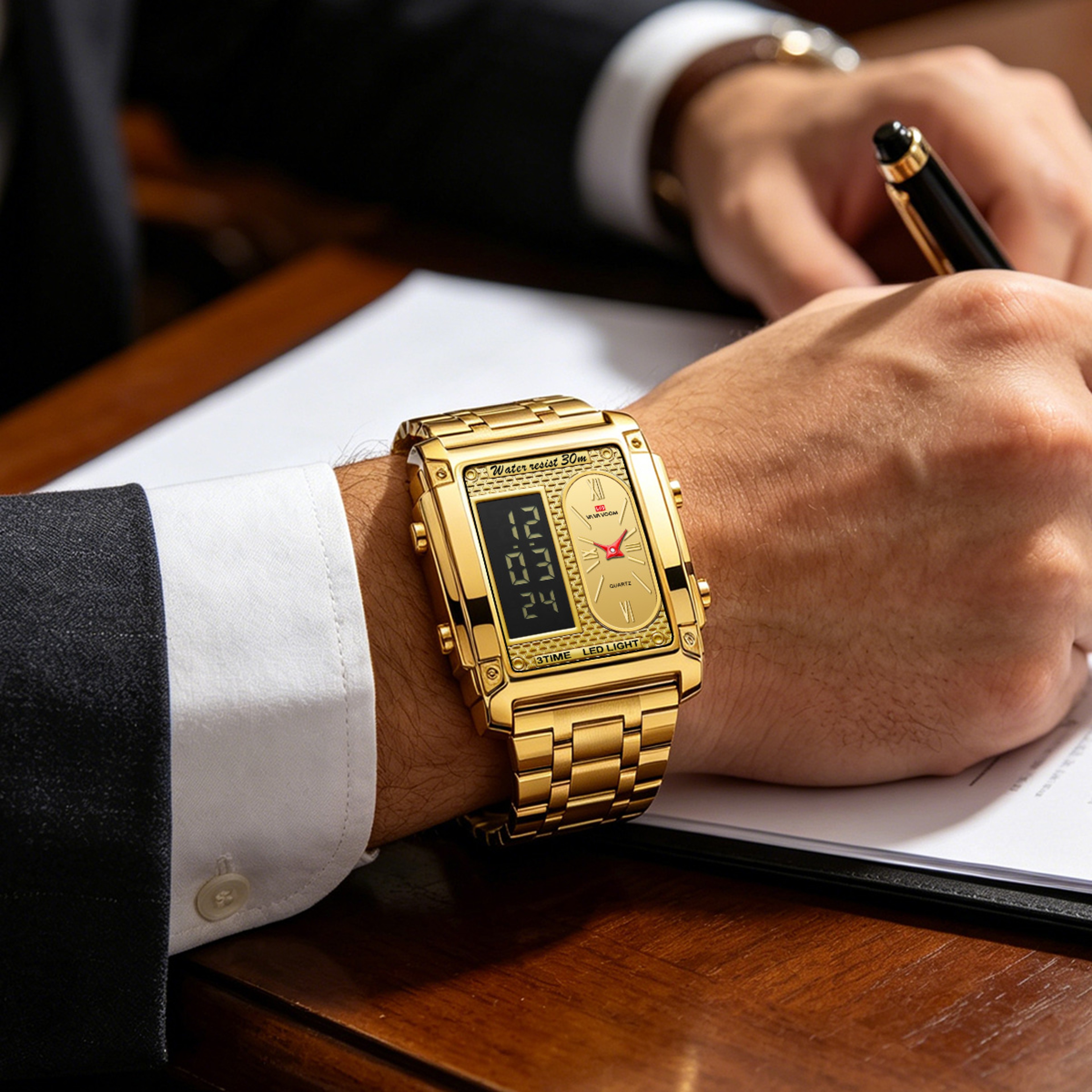 Mens LED Digital Watch Rectangular Display Gold Stainless Steel Business Wristwatch – view 2